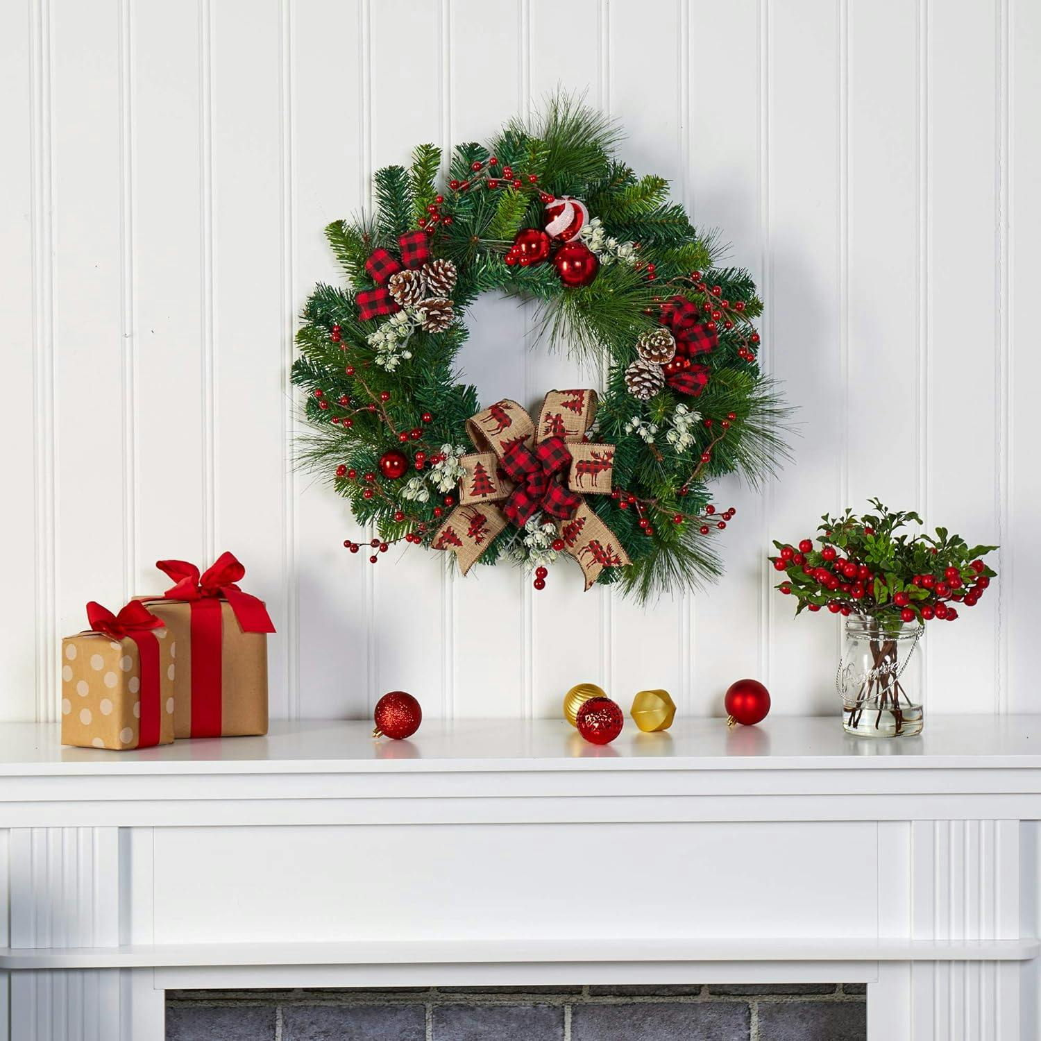 Winterberry Pine 18" Artificial Christmas Wreath with Red and White Accents