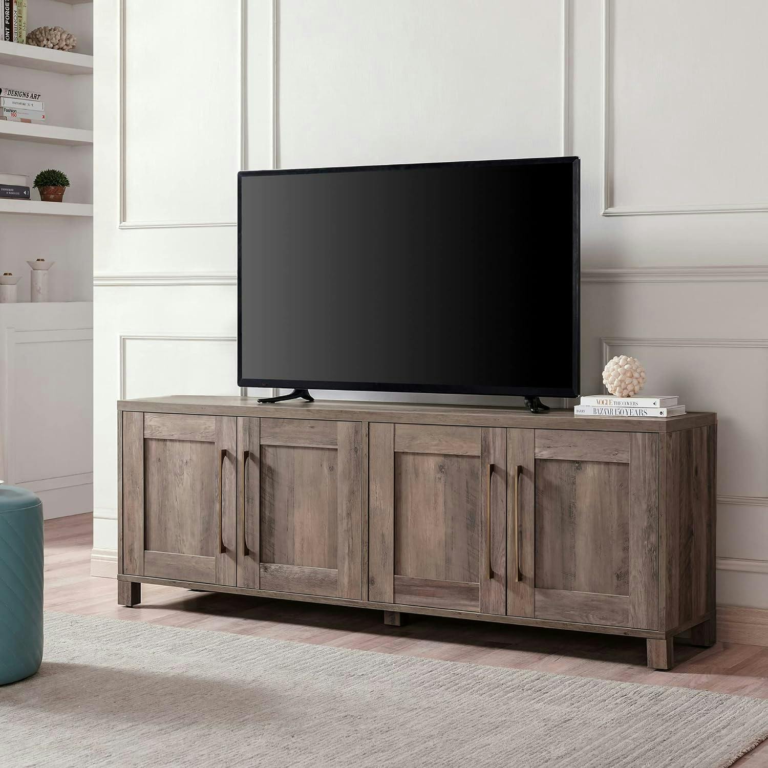 Gray Oak 68" Transitional TV Stand with Brass Hardware