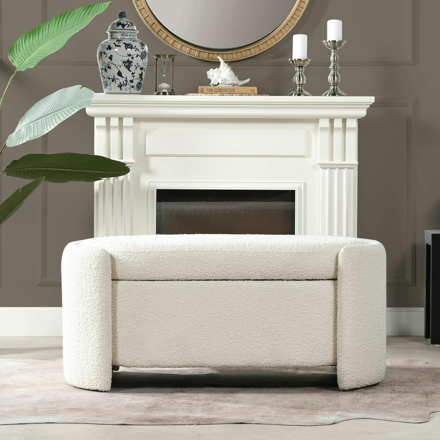 Modern Ivory White Boucle Oval Bedroom Storage Bench