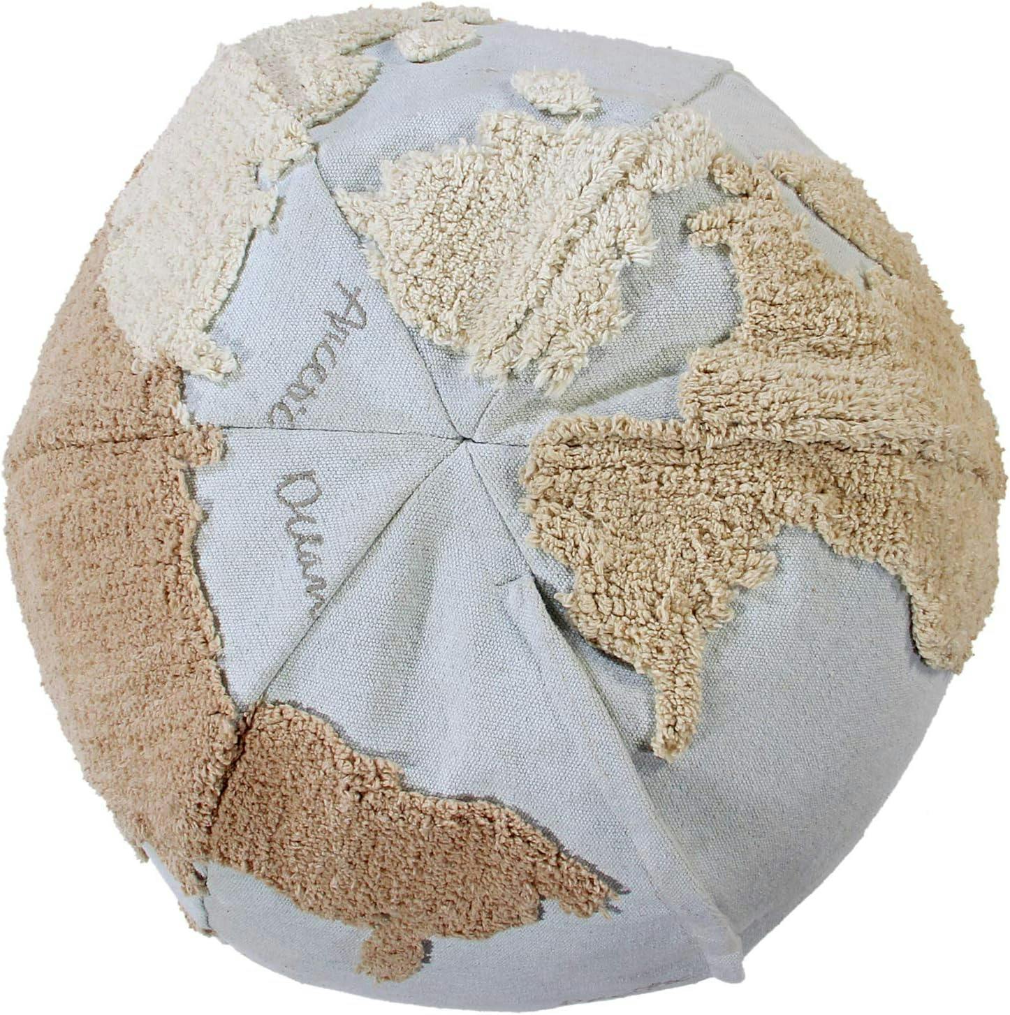 Globe Explorer Tufted Round Pouf in Light Blue and Natural Tones