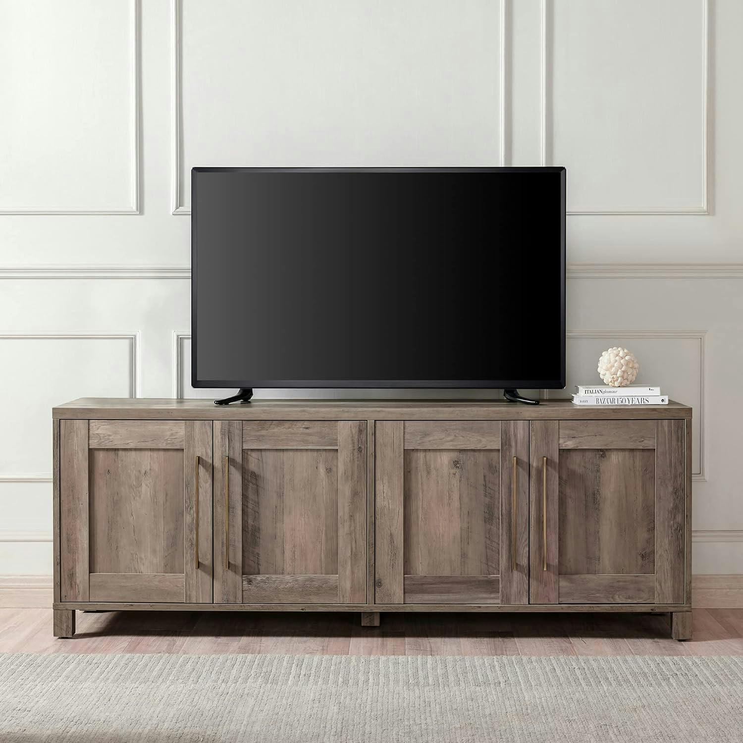 Gray Oak 68" Transitional TV Stand with Brass Hardware