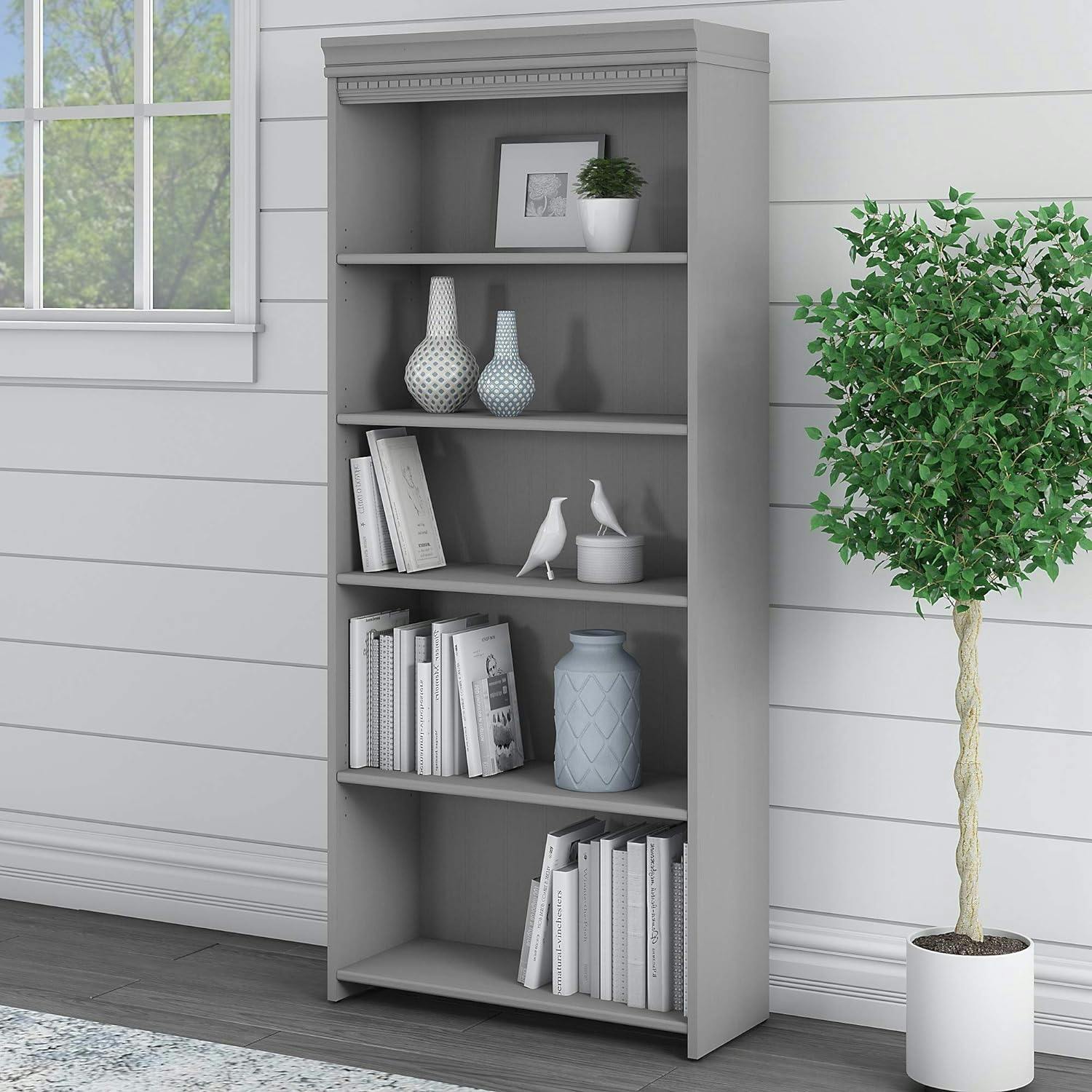 Fairview Modern Farmhouse 5-Shelf Adjustable Cape Cod Gray Bookcase