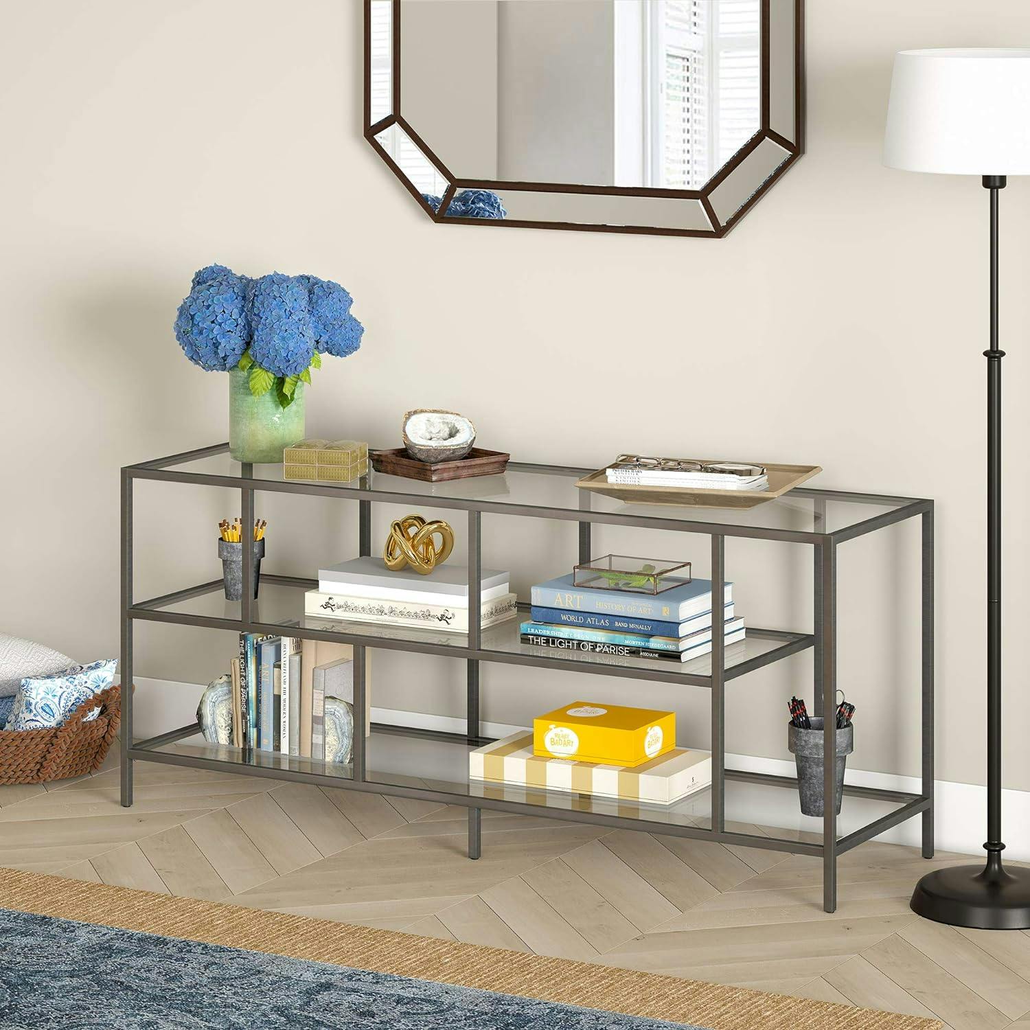 Aged Steel and Glass 55'' Clean-Lined TV Stand