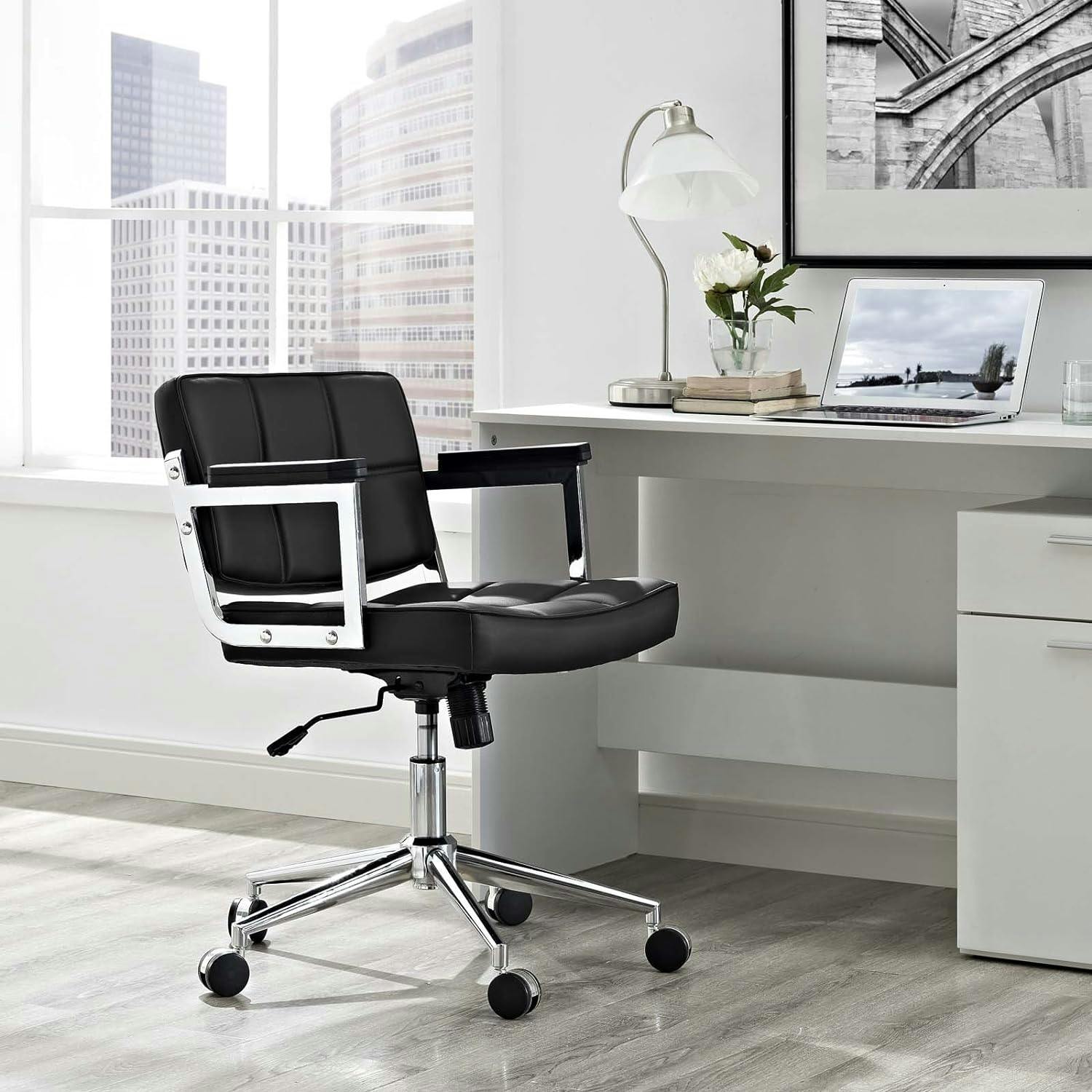 Portray Modern Swivel Office Chair in Black Leather and Chrome Metal