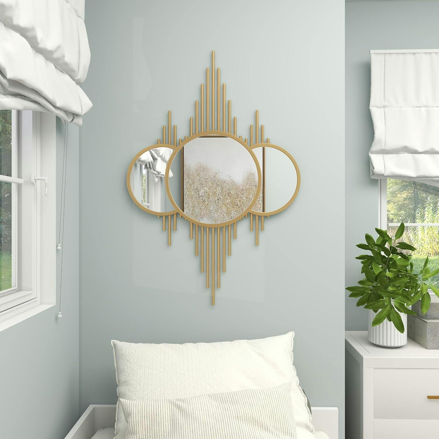 Elegant Sunburst Gold Wall Mirror with Triple Circle Fusion Design, 27" x 39"