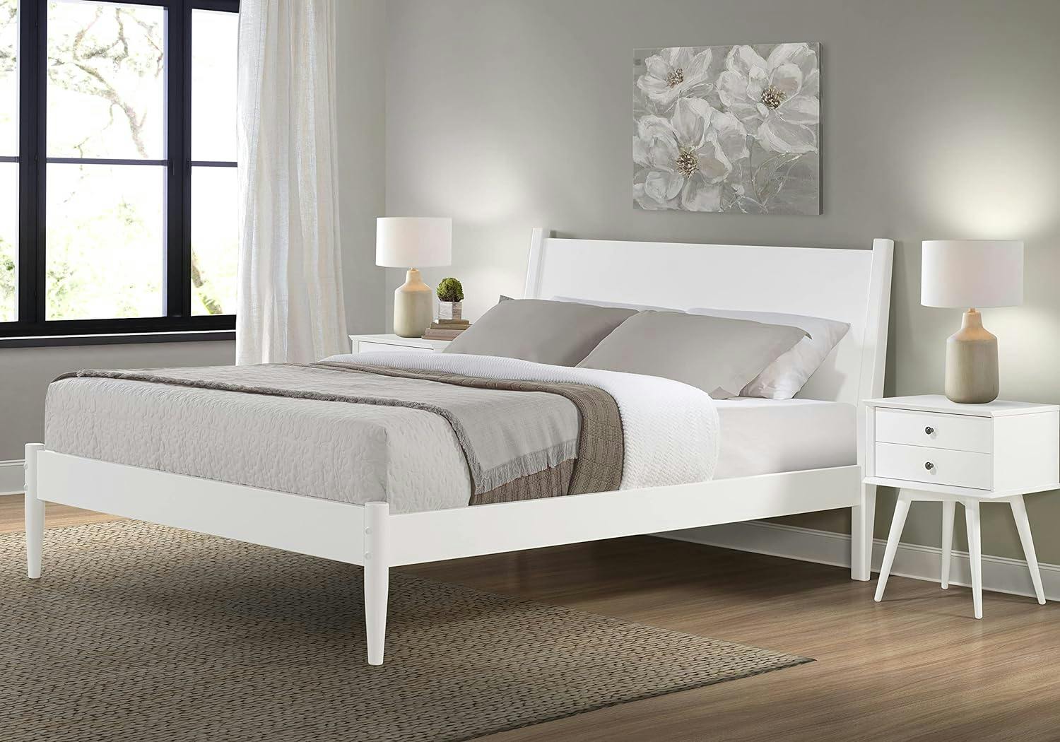 Elegant Pine Wood Queen Bed with Sleek Mid-Century Design in White