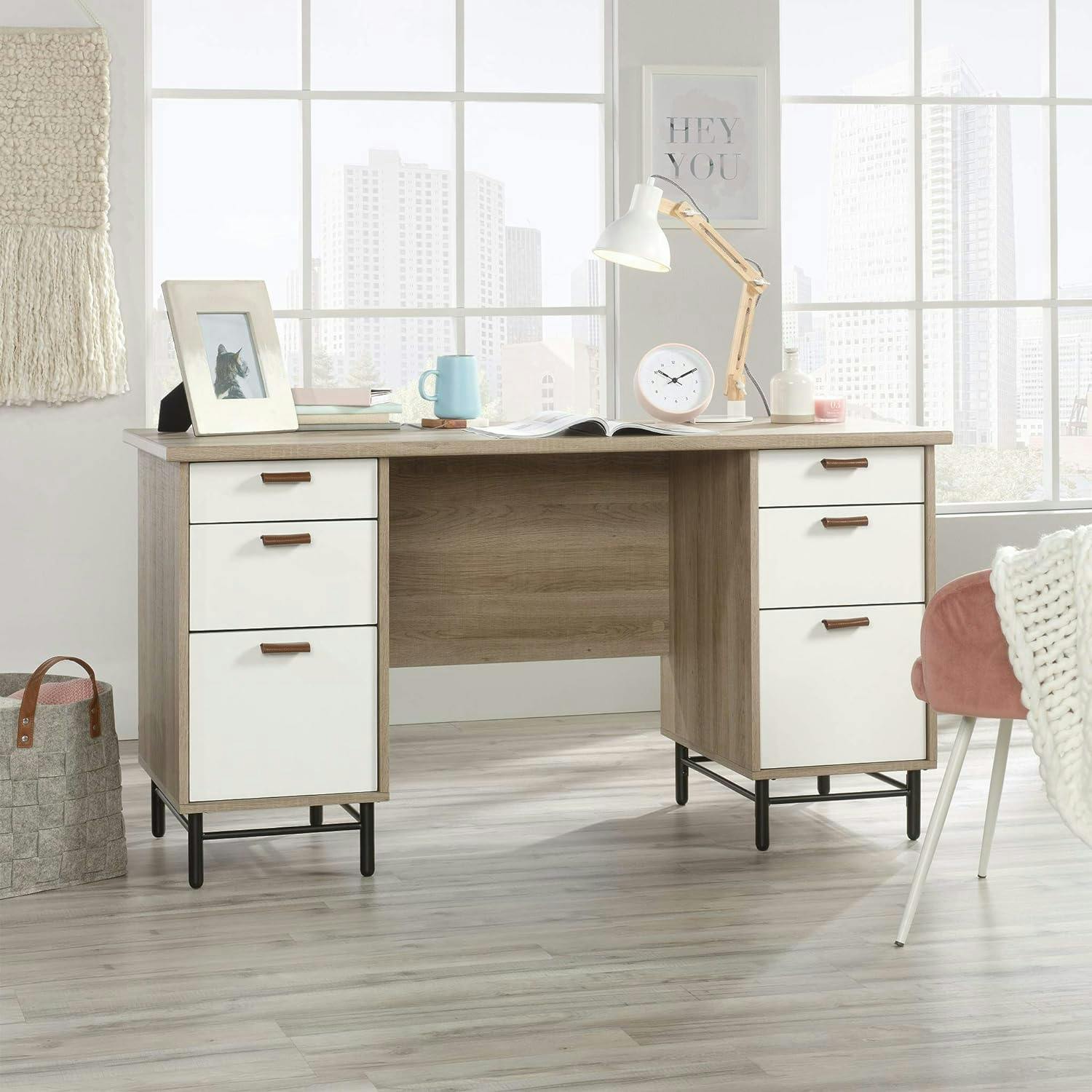 Sky Oak and White Executive Desk with Leather Drawer Pulls