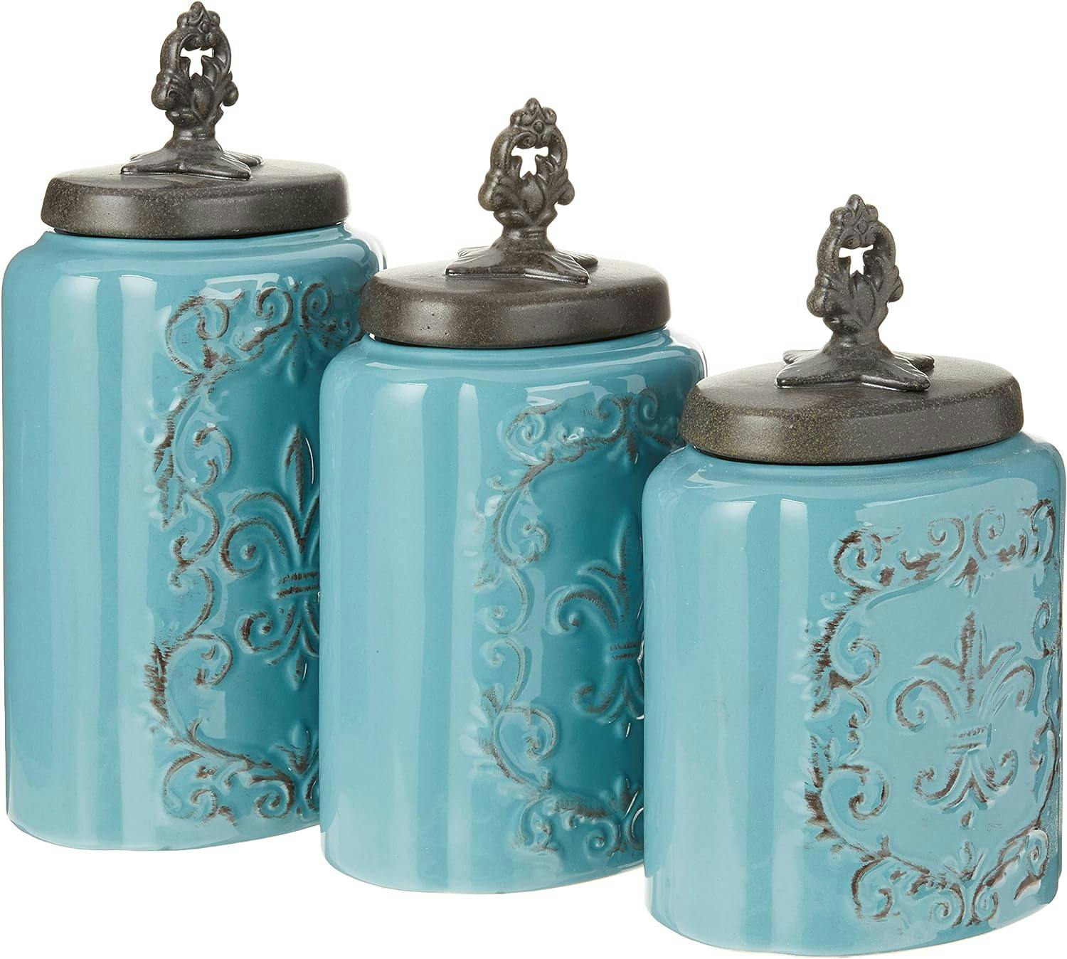 Elegant Blue Antique Ceramic Kitchen Canister 3-Piece Set