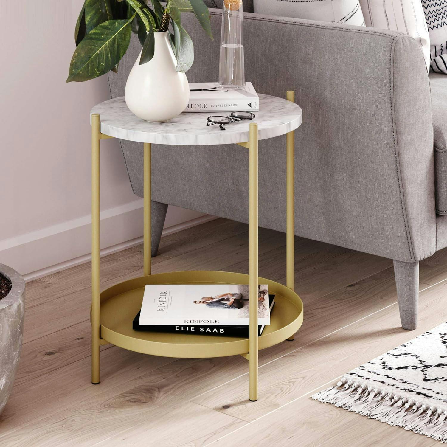 Alexis Chic Round White Faux Marble and Gold Metal End Table