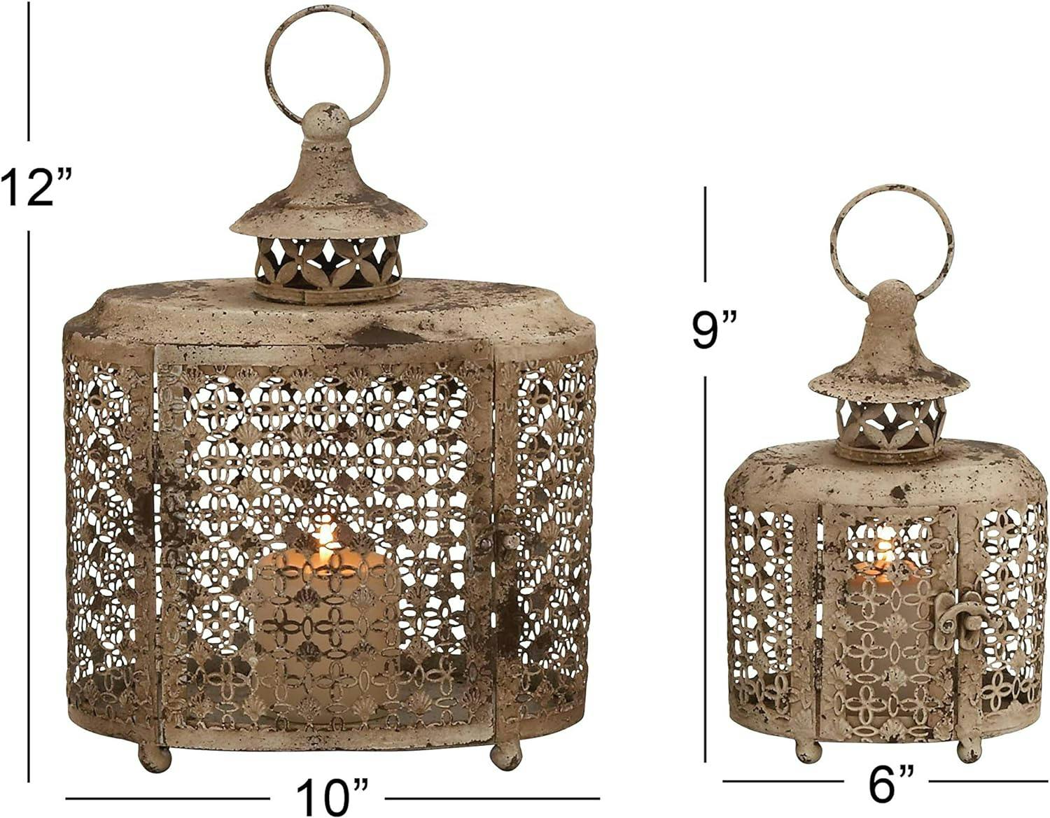 Rustic Beige Metal Candle Lantern Set with Intricate Scroll Work