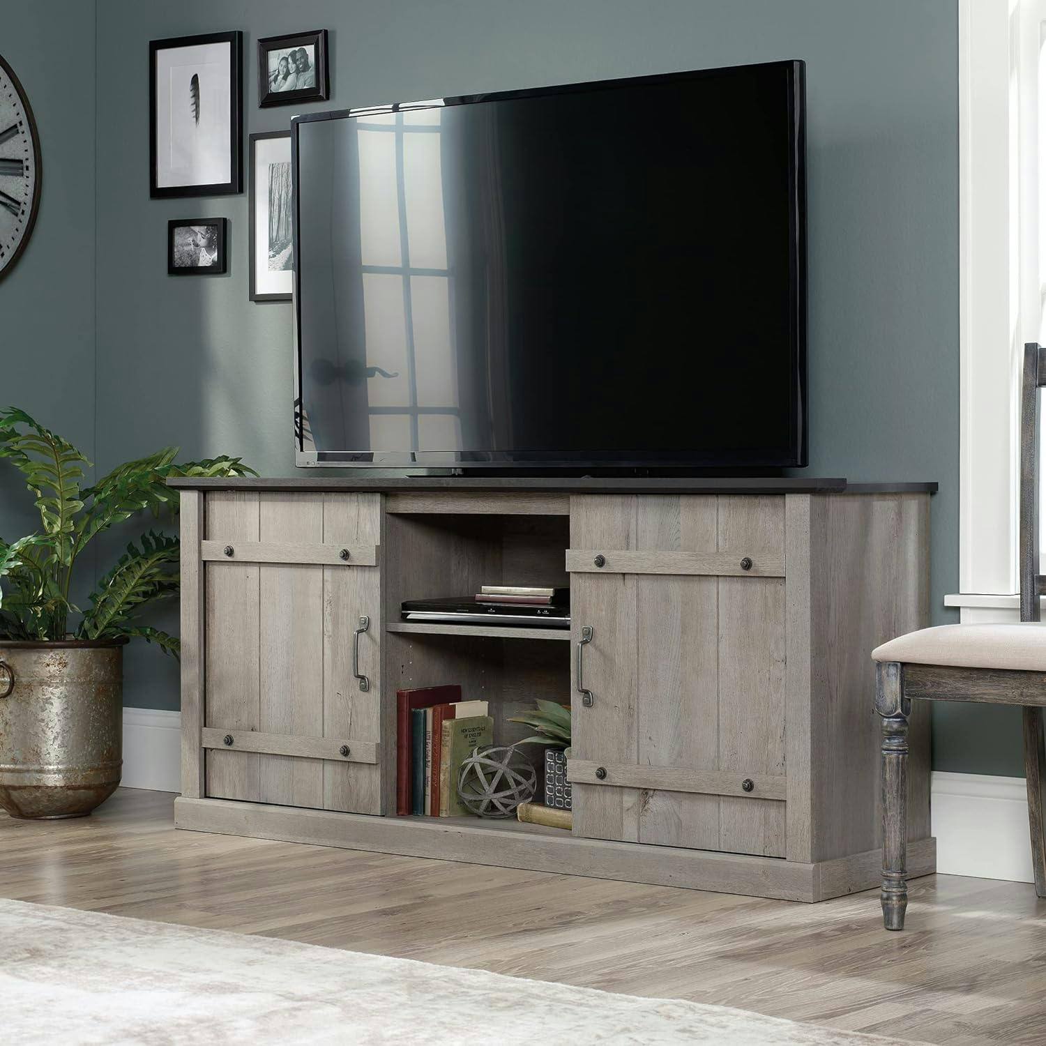 Mystic Oak and Raven Black 70" Farmhouse TV Stand with Barn Doors