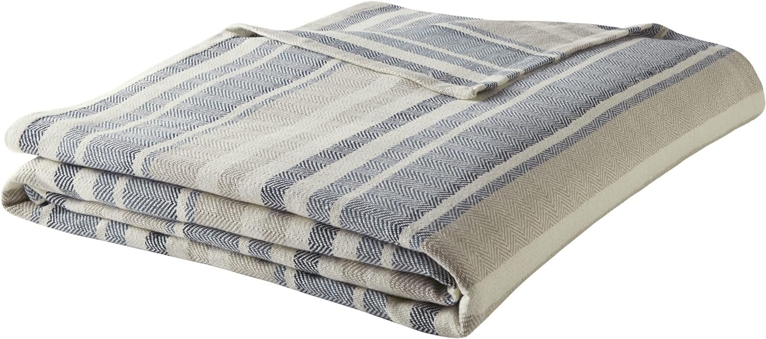 Herringbone Soft Touch Cotton Full-Size Blue Stripe Blanket