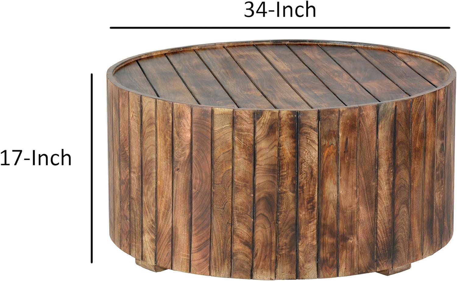 Burned Brown Mango Wood 34" Round Coffee Table with Plank Design