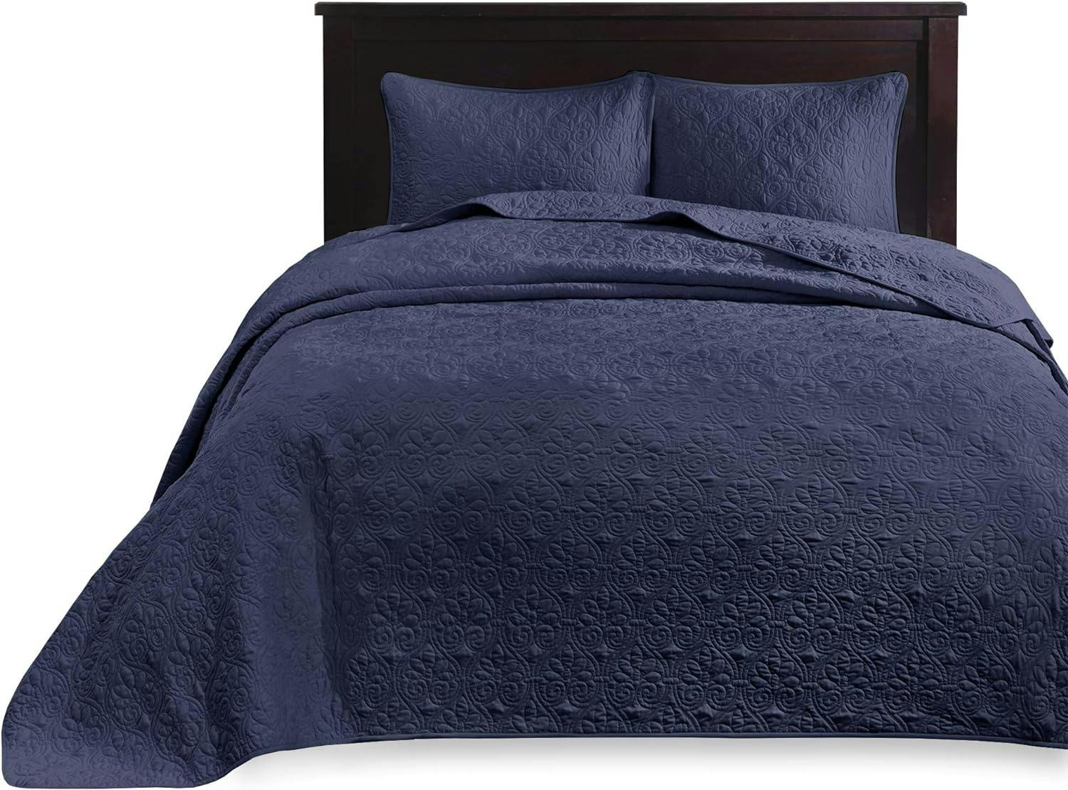 Navy King-Size Reversible Microfiber Bedspread Set with Classic Stitch