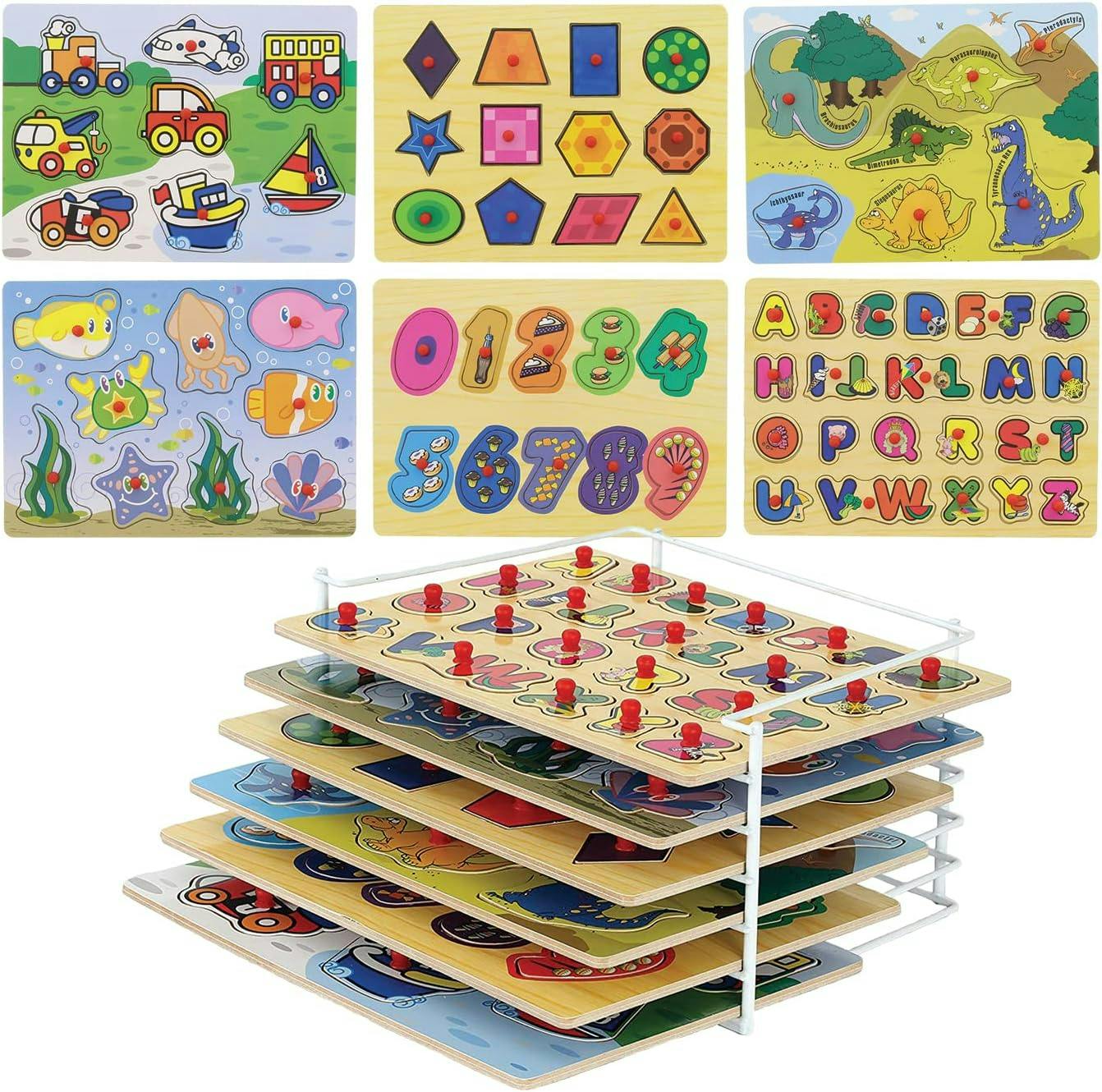 Bright Animal & Geometric Shapes Wooden Puzzle Set for Kids