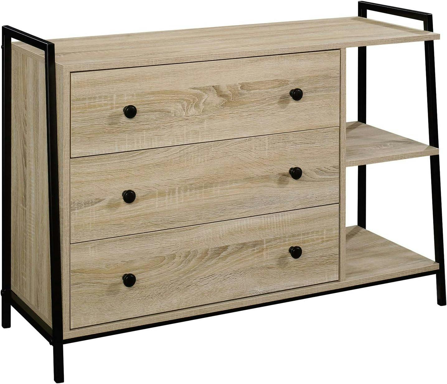 Charter Oak and Black Metal 3-Drawer Dresser with Open Shelves