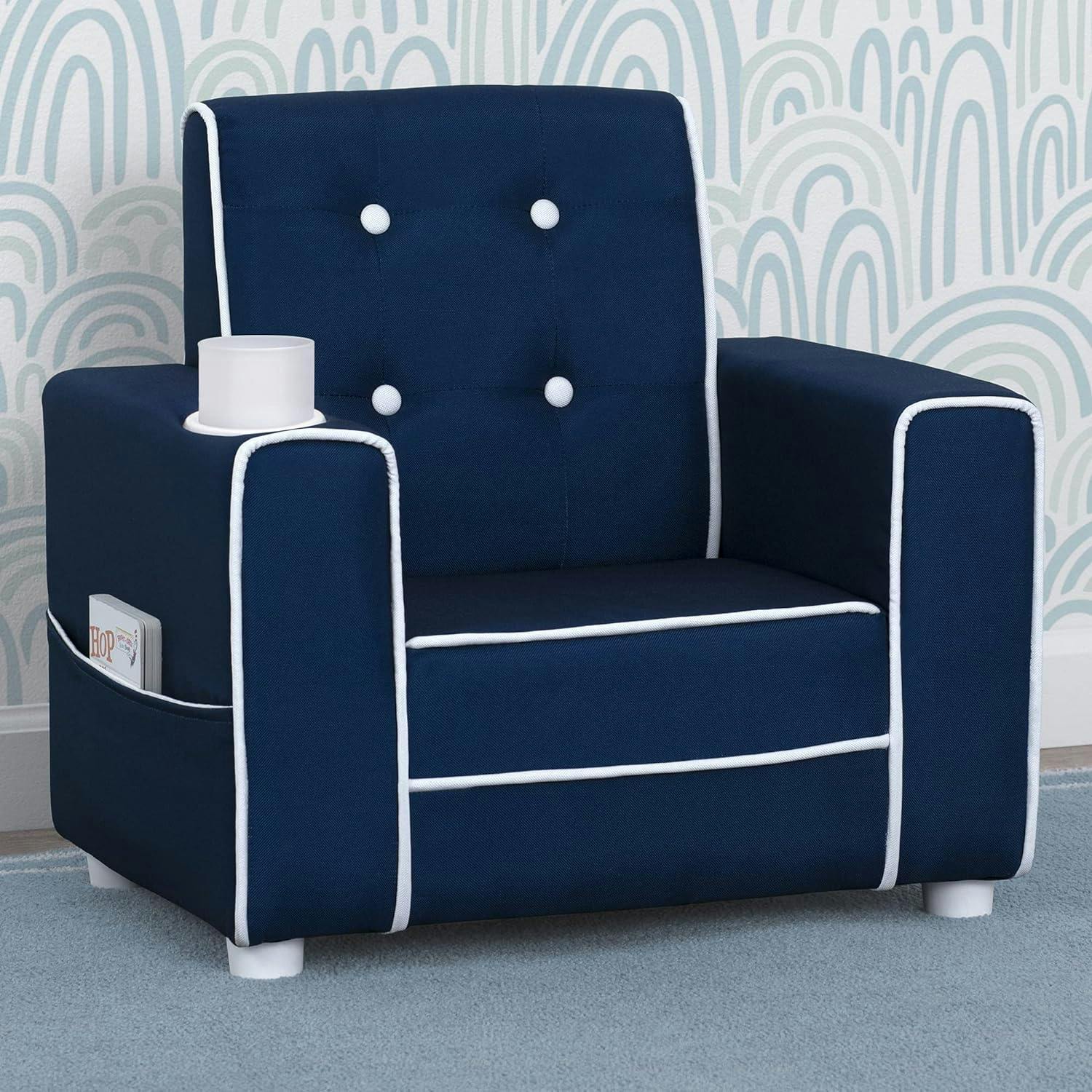Navy Spot 22'' Velvet Upholstered Kids Chair with Cup Holder