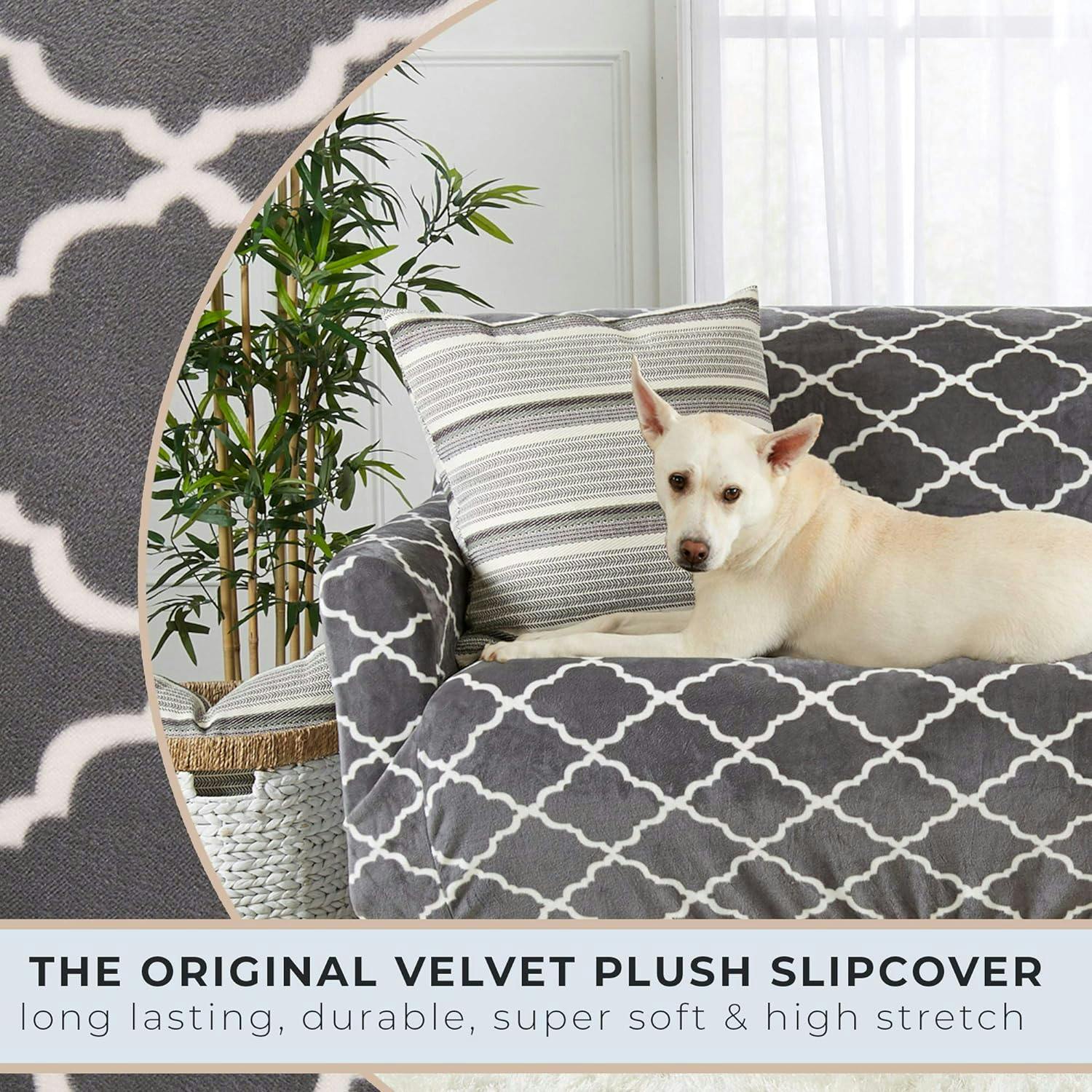 Lattice Grey Velvet Plush Stretch Loveseat Slipcover