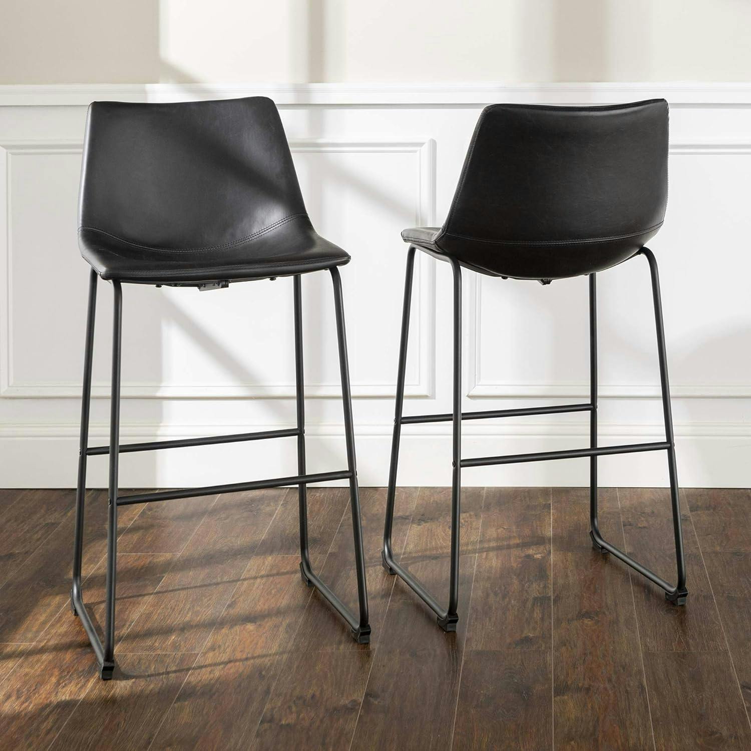 Modern Sleek Black Faux Leather Barstools with Powder-Coated Steel Legs