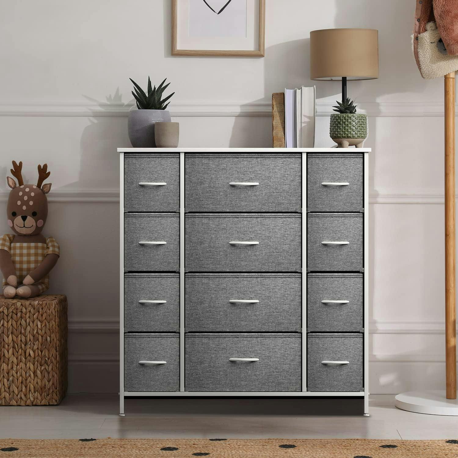 Sleek White 12-Drawer Organizer with Faux Wood Top and Steel Frame