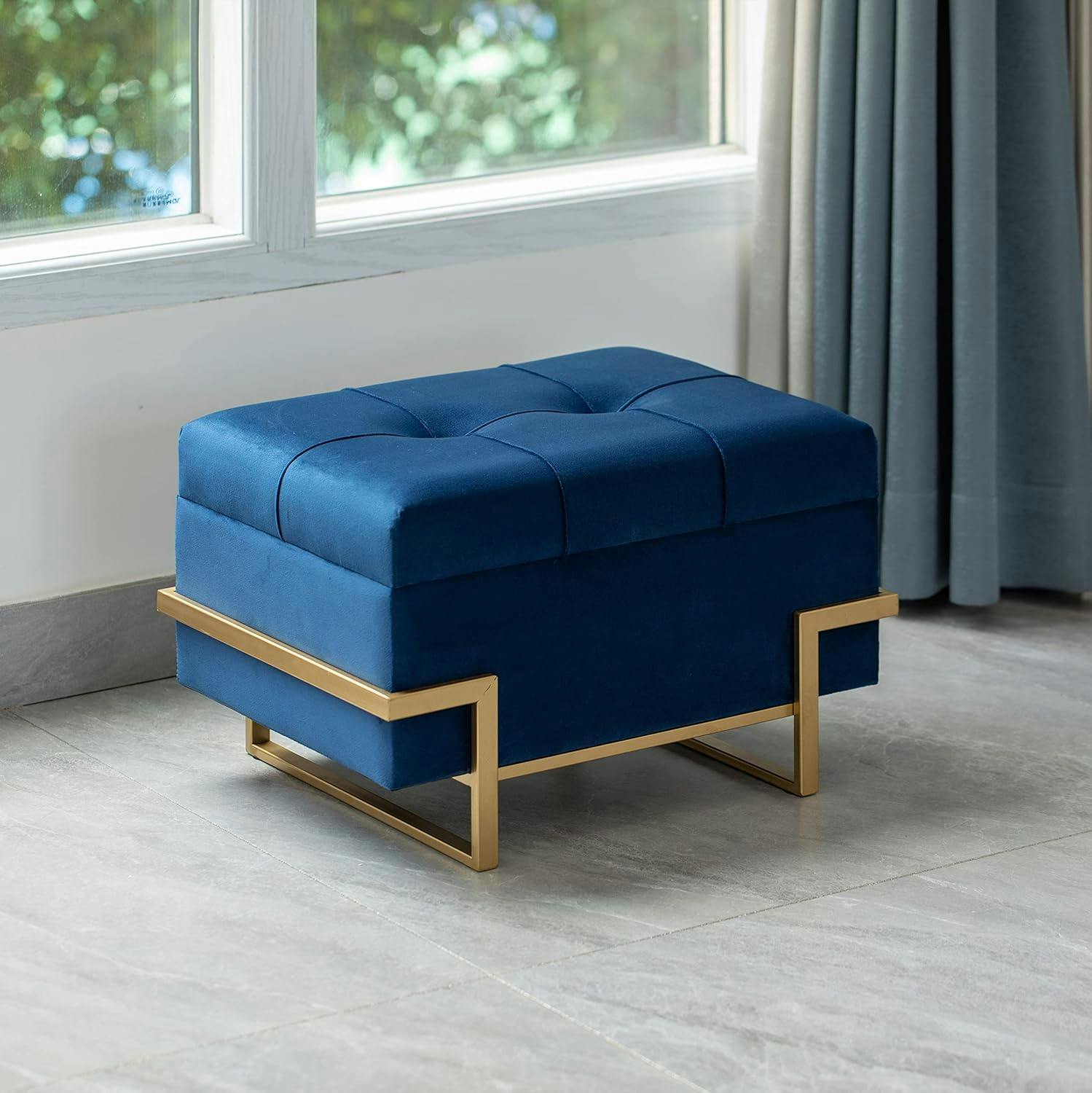 Blue Velvet Rectangular Ottoman with Golden Abstract Legs and Storage