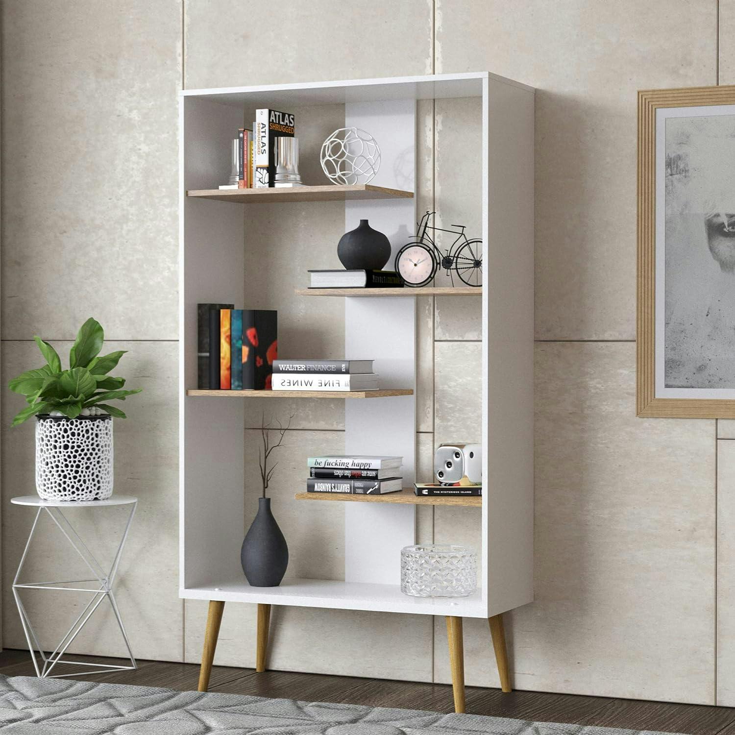 Lund Dual-Tone Adjustable 5-Tier Bookcase in White and Brown