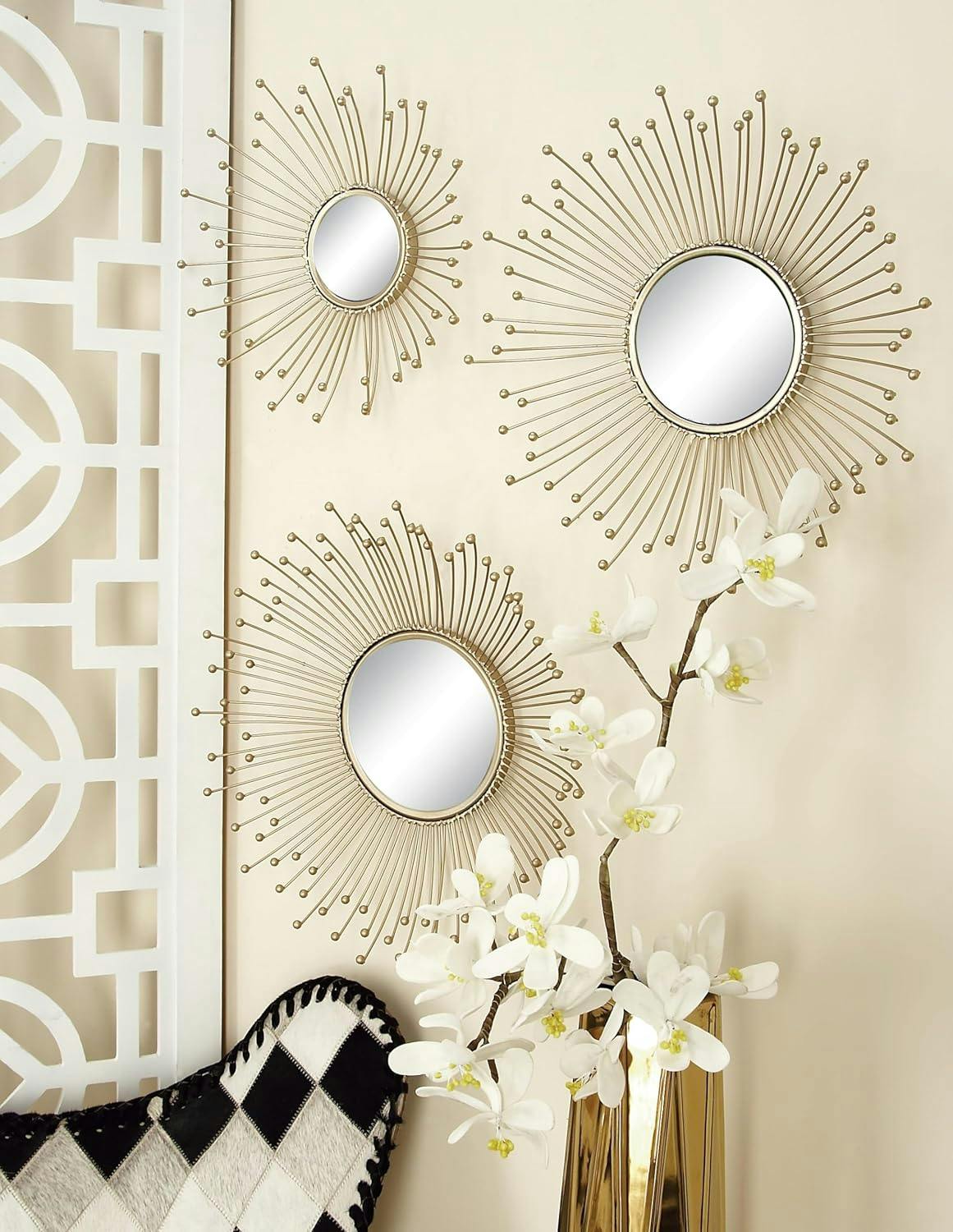 Glamorous Gold Starburst Round Wall Mirror Set of 3
