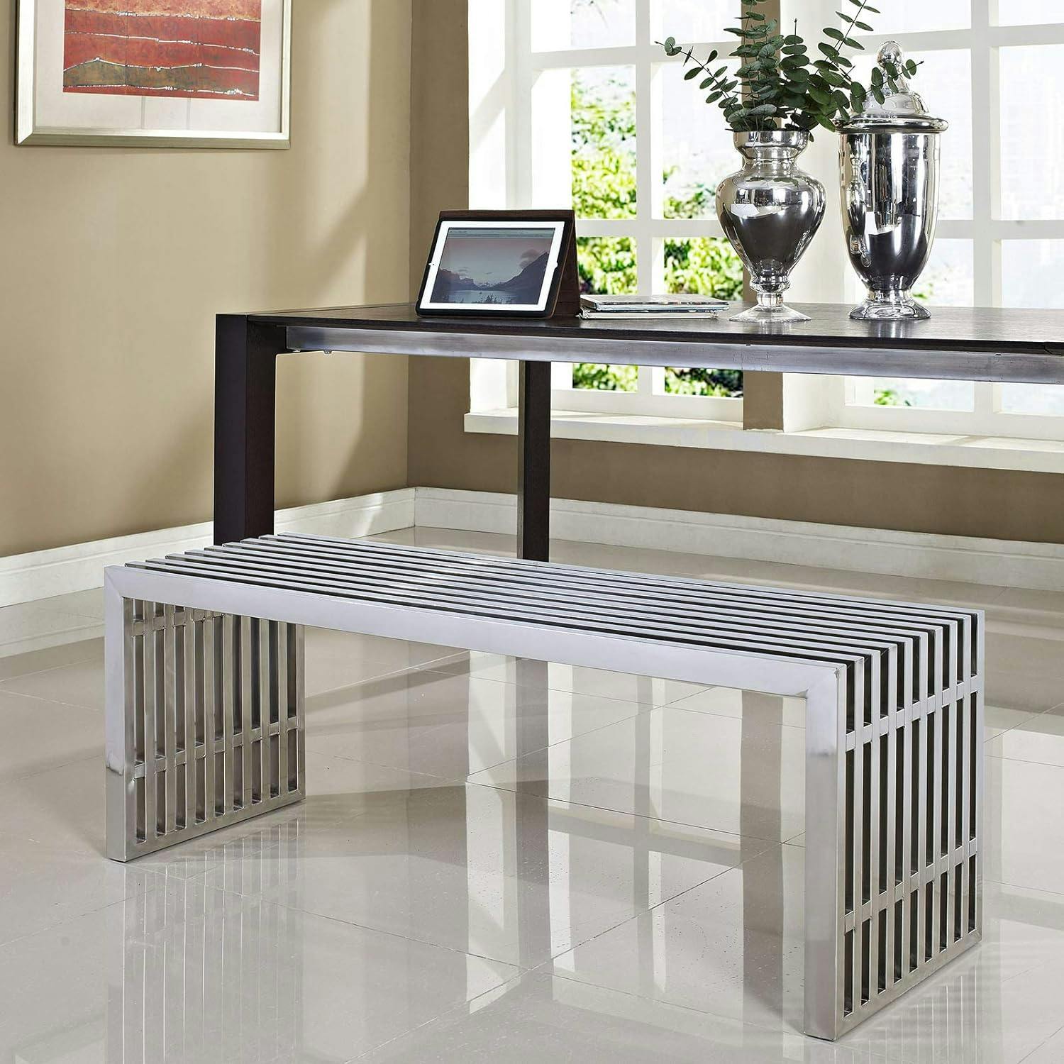 Contemporary 47" Silver Stainless Steel Linear Bench
