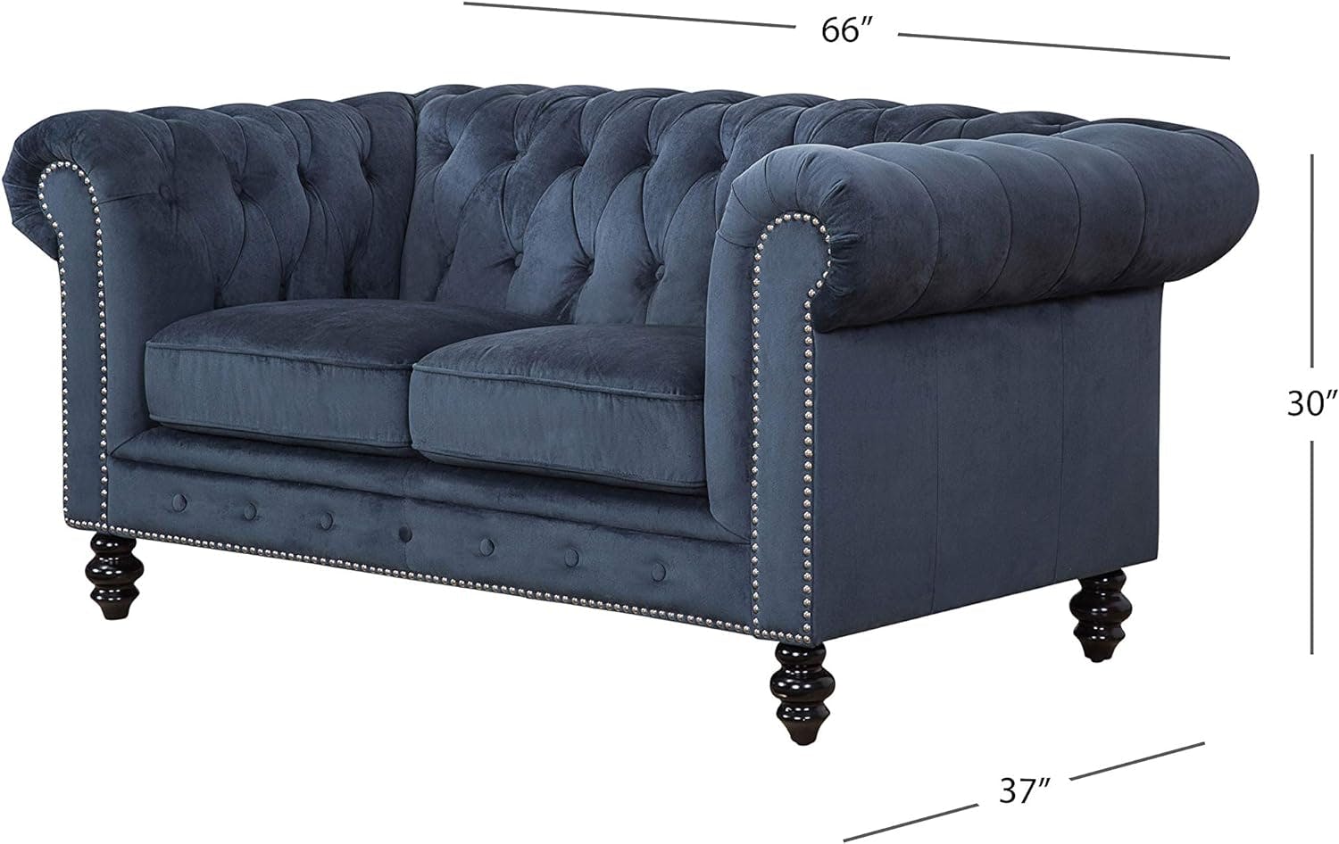 Elegant Navy Blue Velvet Chesterfield Loveseat with Silver Nailhead Accents