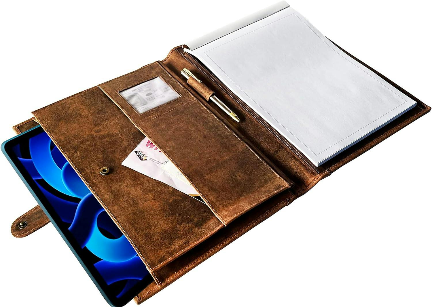 Elegant Full-Grain Leather Portfolio - Professional Organizer for Documents and Tablet
