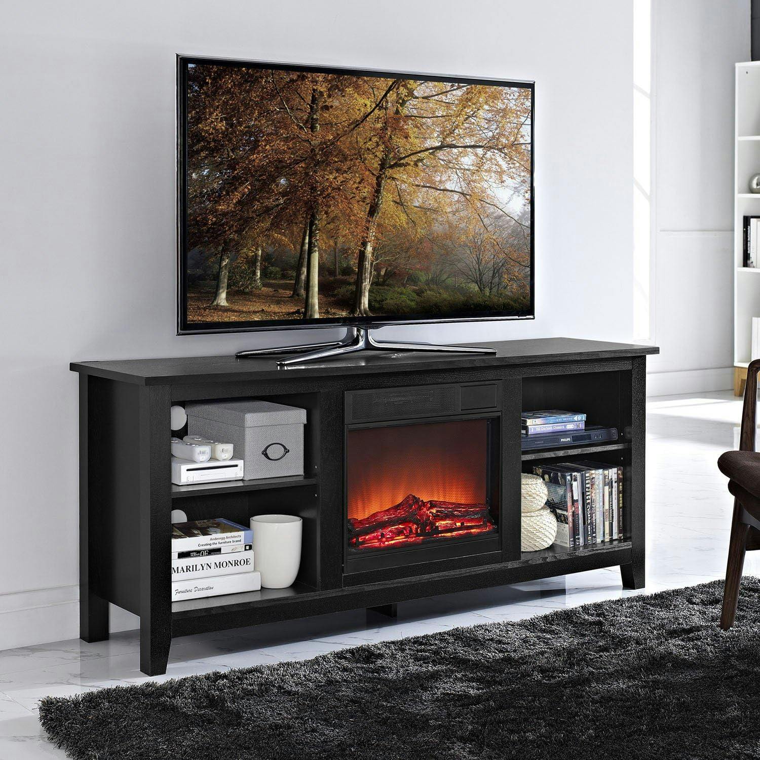 Essential 58" Black Wood Media Stand with Electric Fireplace
