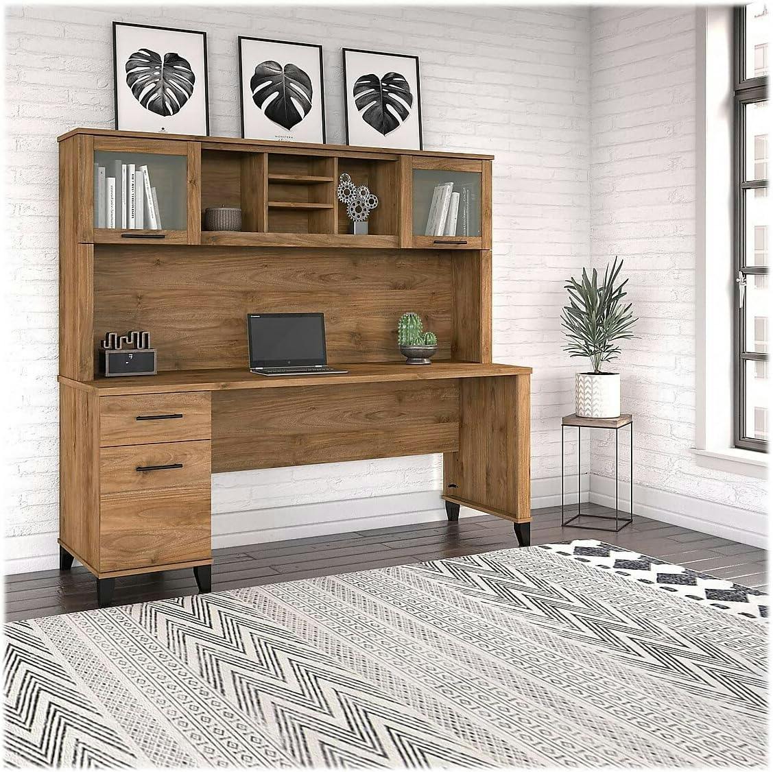 Elegant Fresh Walnut Engineered Wood Office Desk with Hutch and Drawers