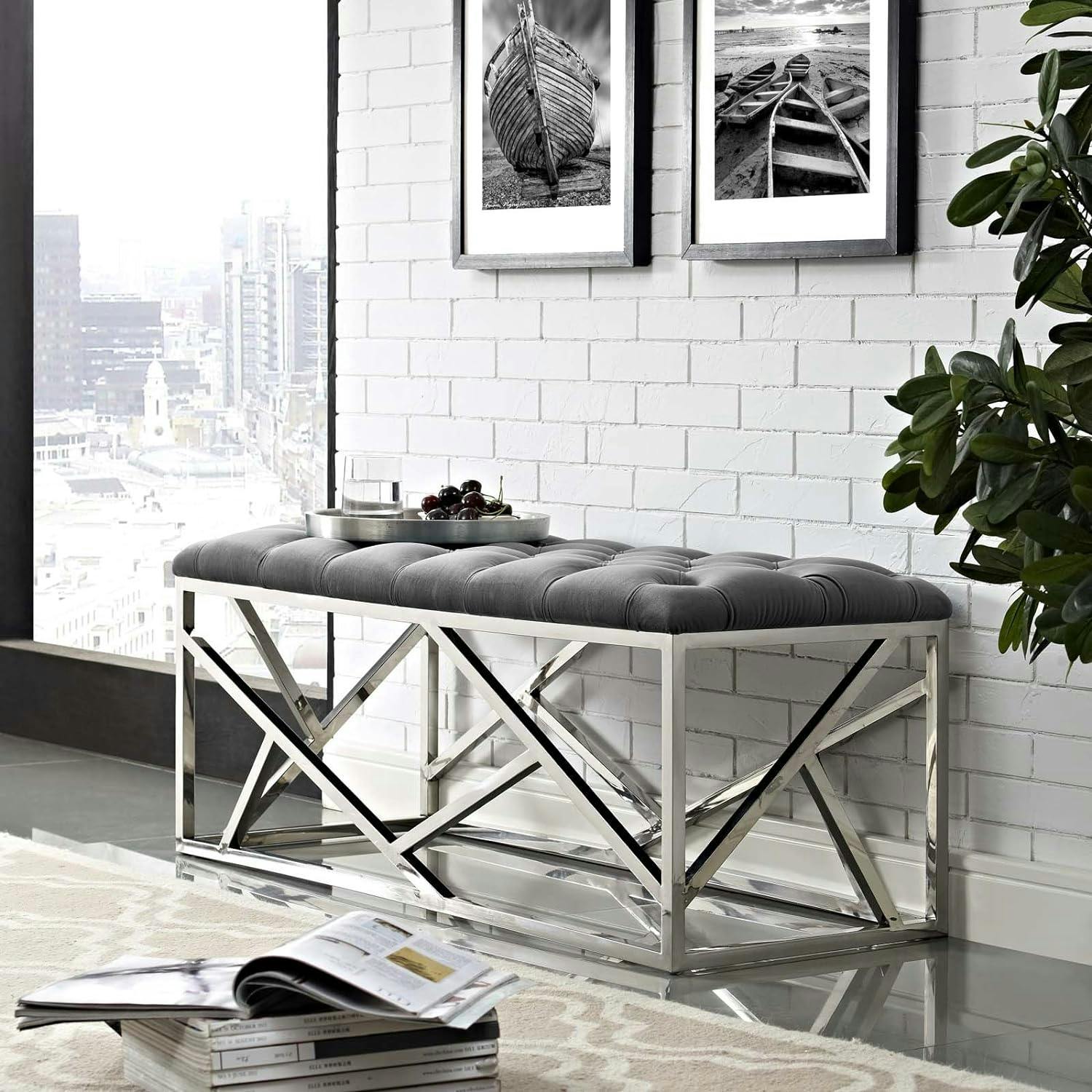 Elegance Luxe Silver Gray Tufted Velvet Bench with Stainless Steel Base