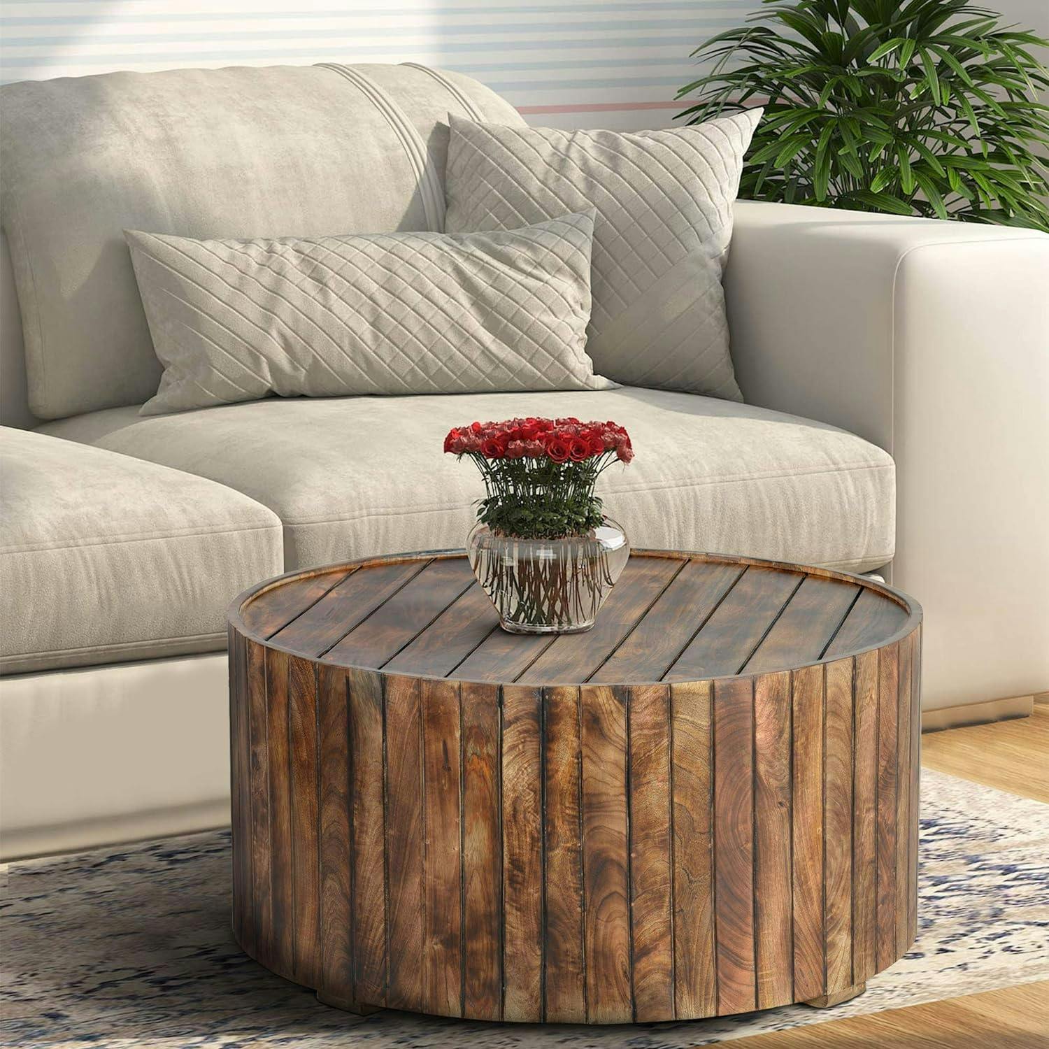 Burned Brown Mango Wood 34" Round Coffee Table with Plank Design