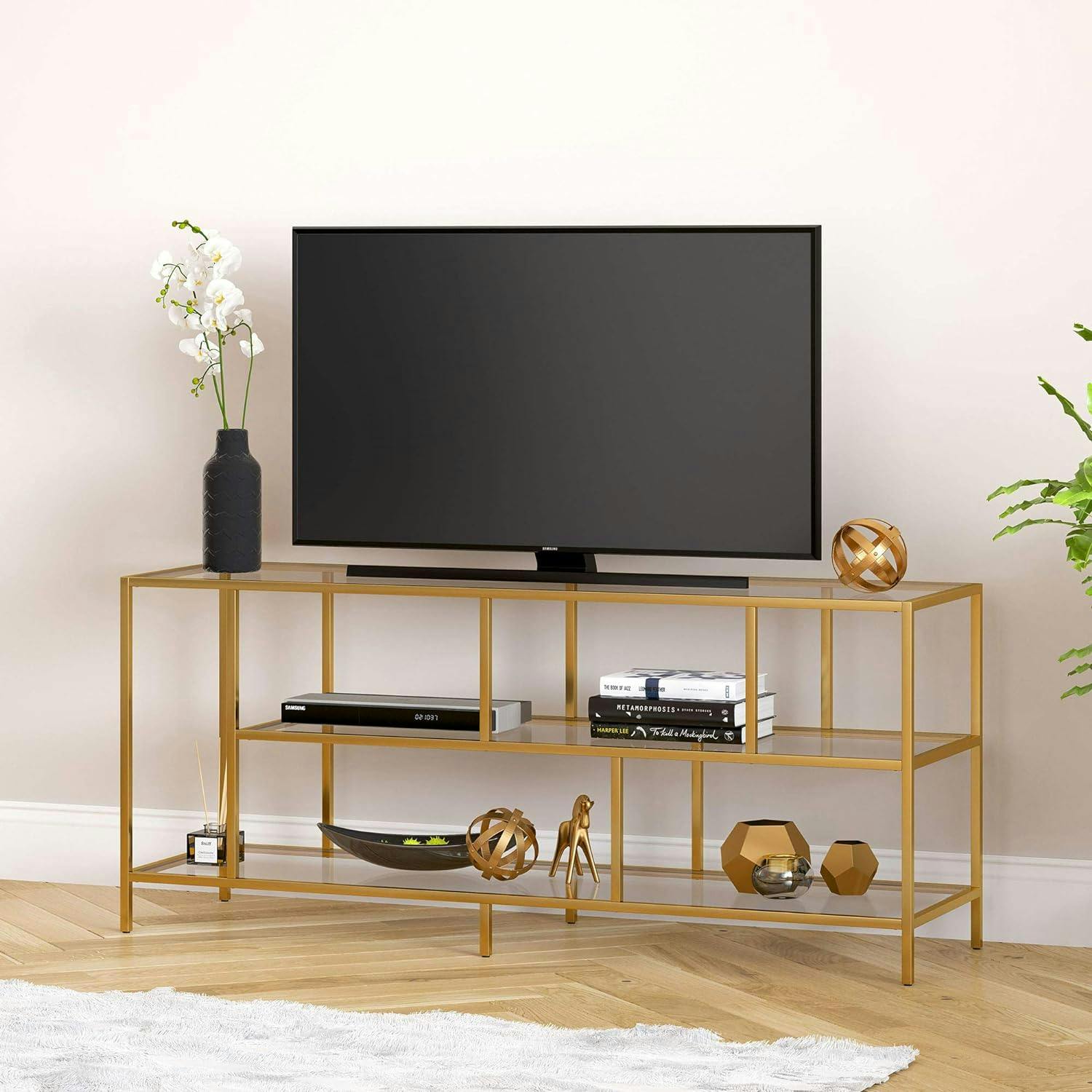 Winthrop 55" White Brass TV Stand with Tempered Glass Shelves