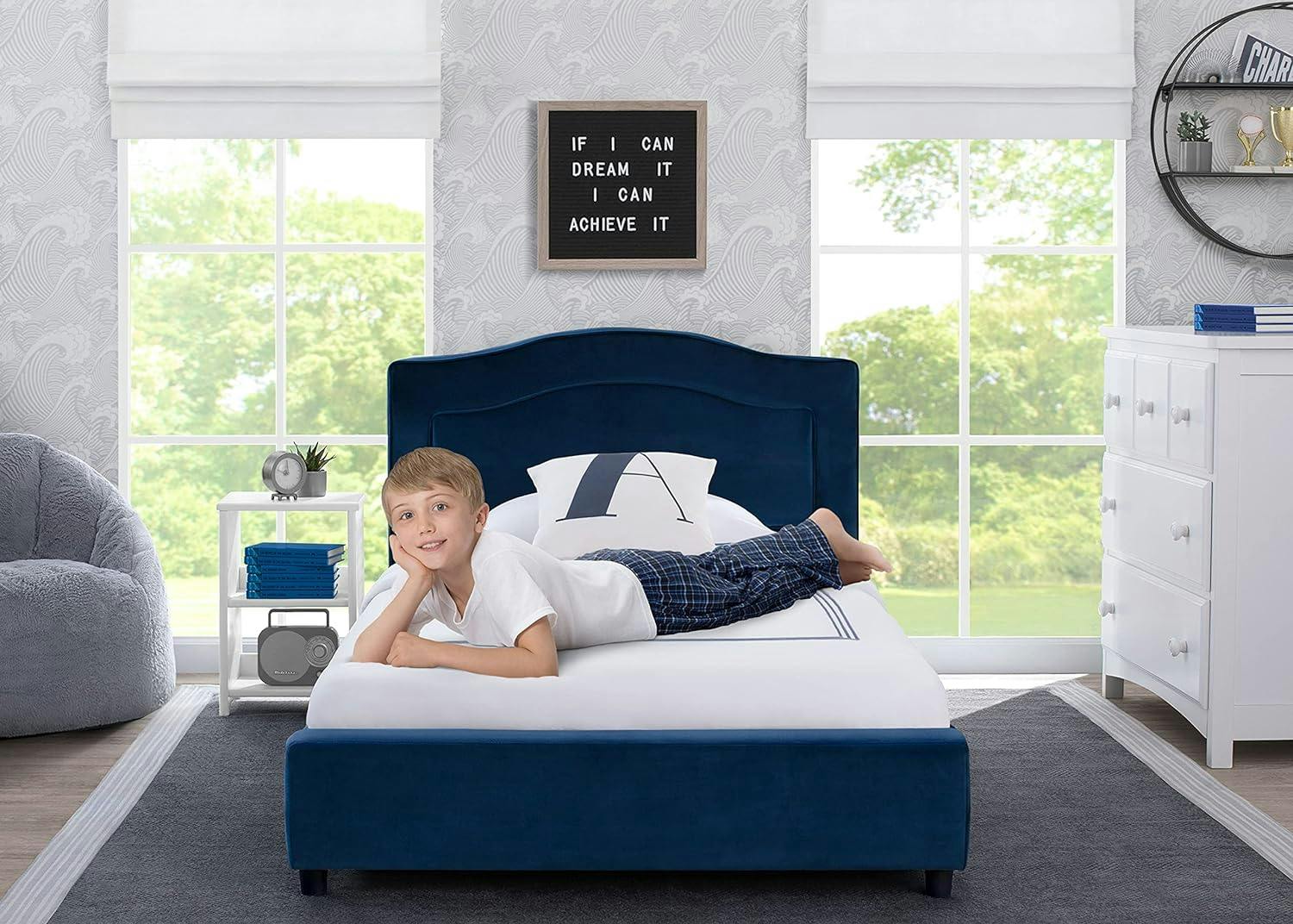 Navy Blue Velvet Upholstered Twin Platform Bed with Pine Frame