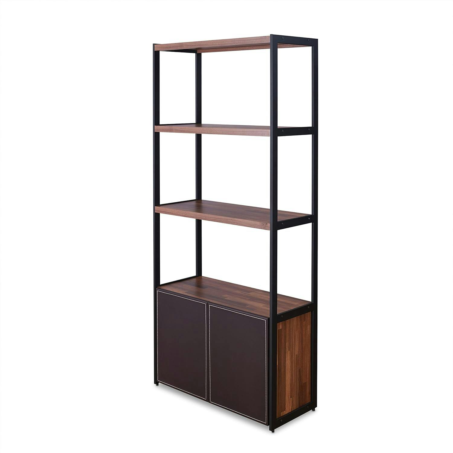 Modern Black Wood Bookcase with Faux Leather Doors, 32"x70"