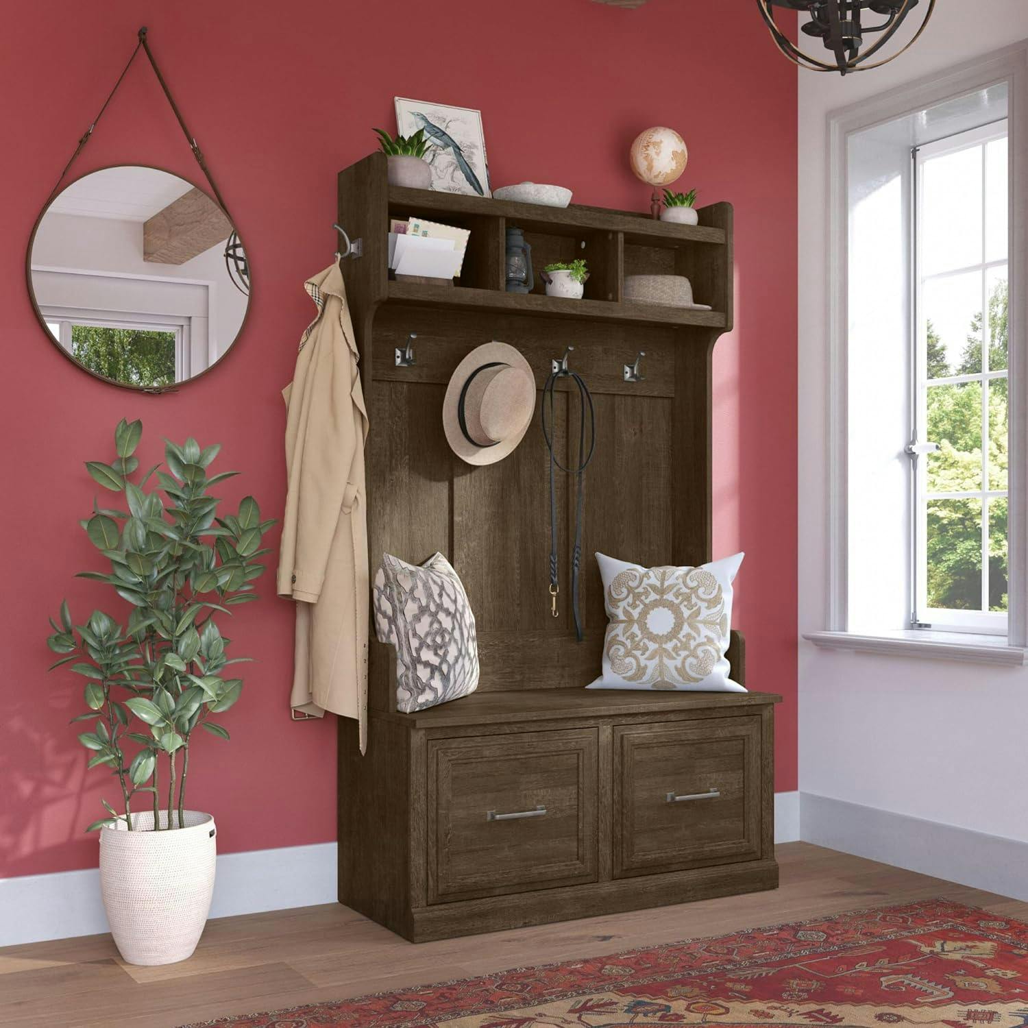 Transitional Ash Brown Hall Tree with Shoe Storage and Euro Hinges