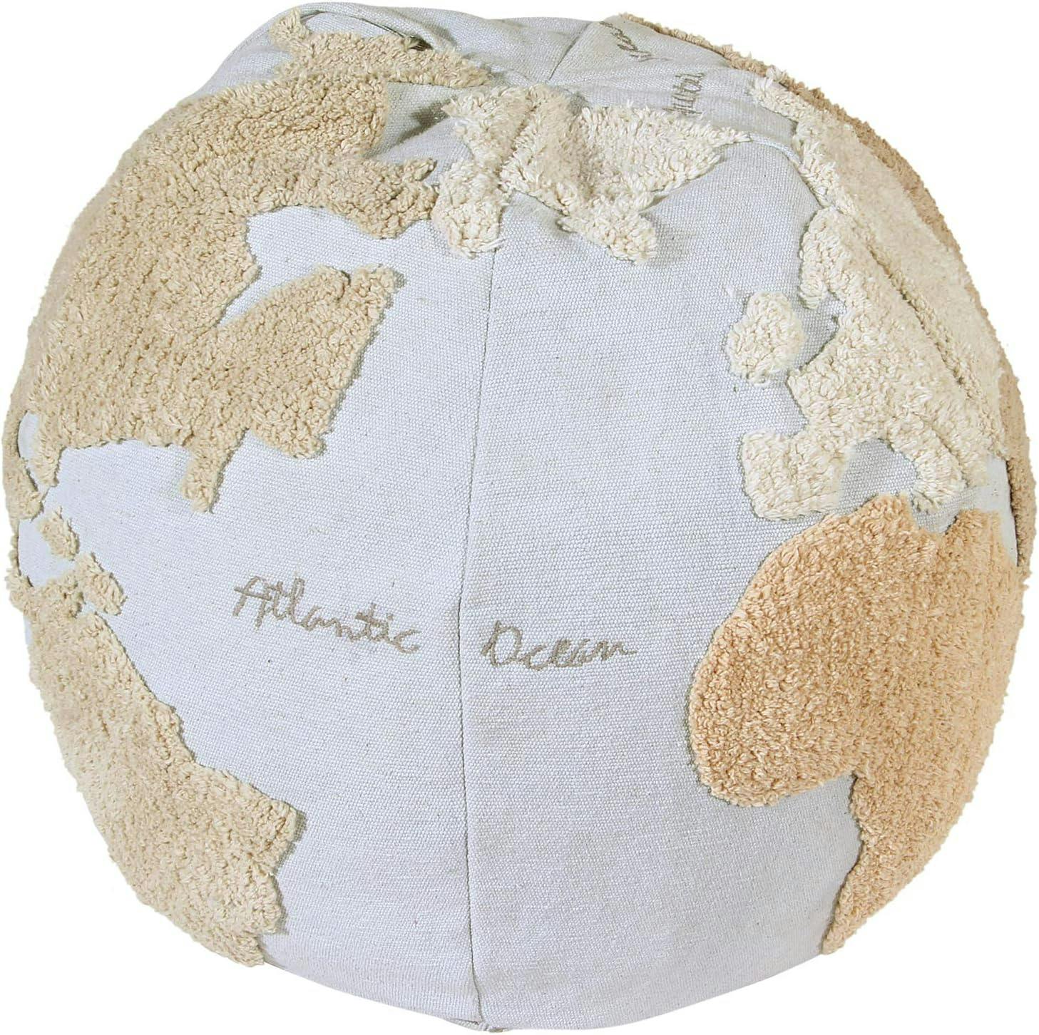 Globe Explorer Tufted Round Pouf in Light Blue and Natural Tones