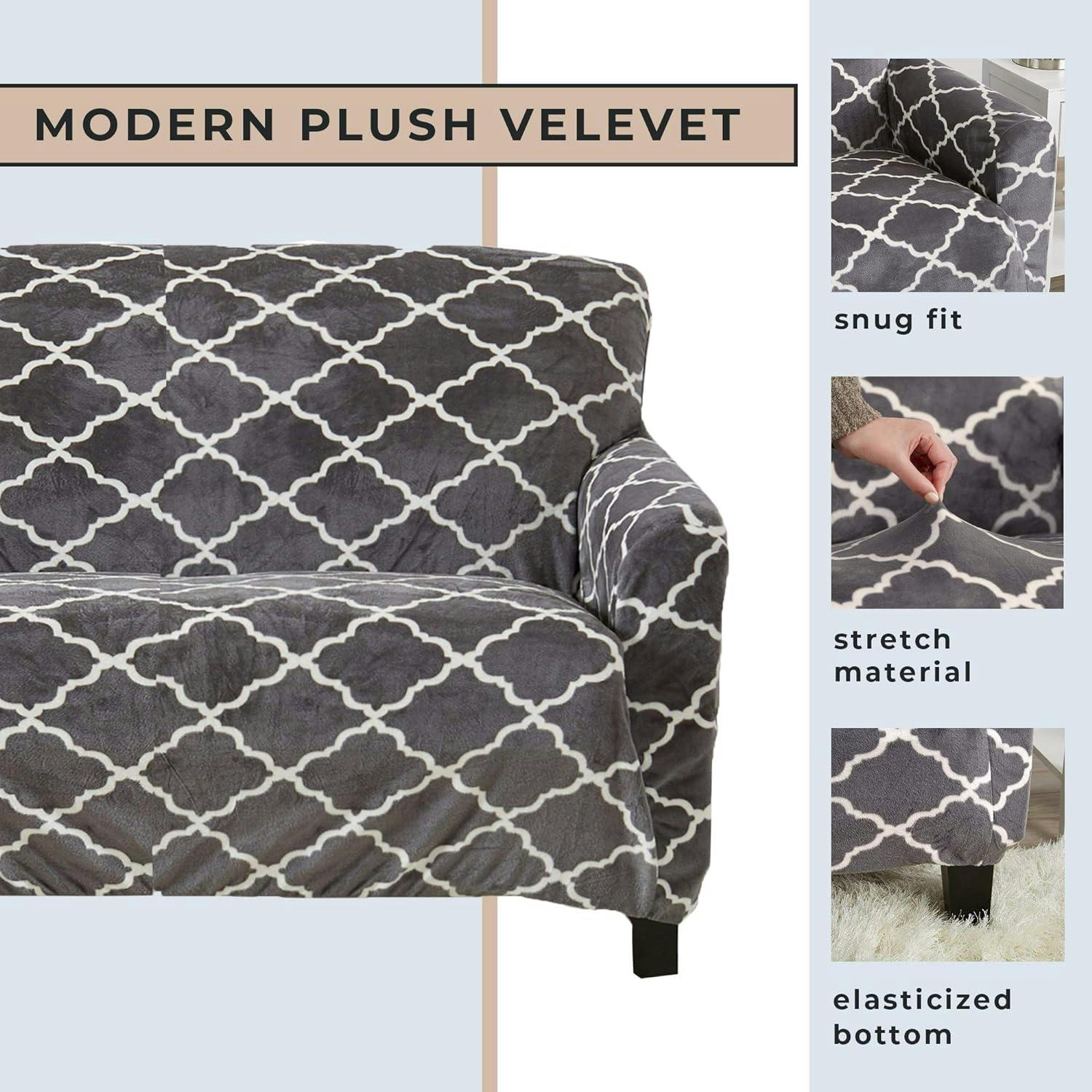 Lattice Grey Velvet Plush Stretch Loveseat Slipcover