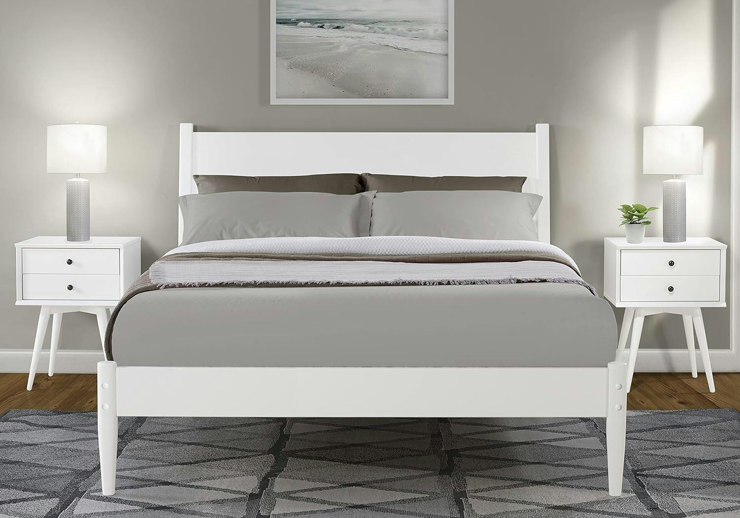 Elegant Pine Wood Queen Bed with Sleek Mid-Century Design in White