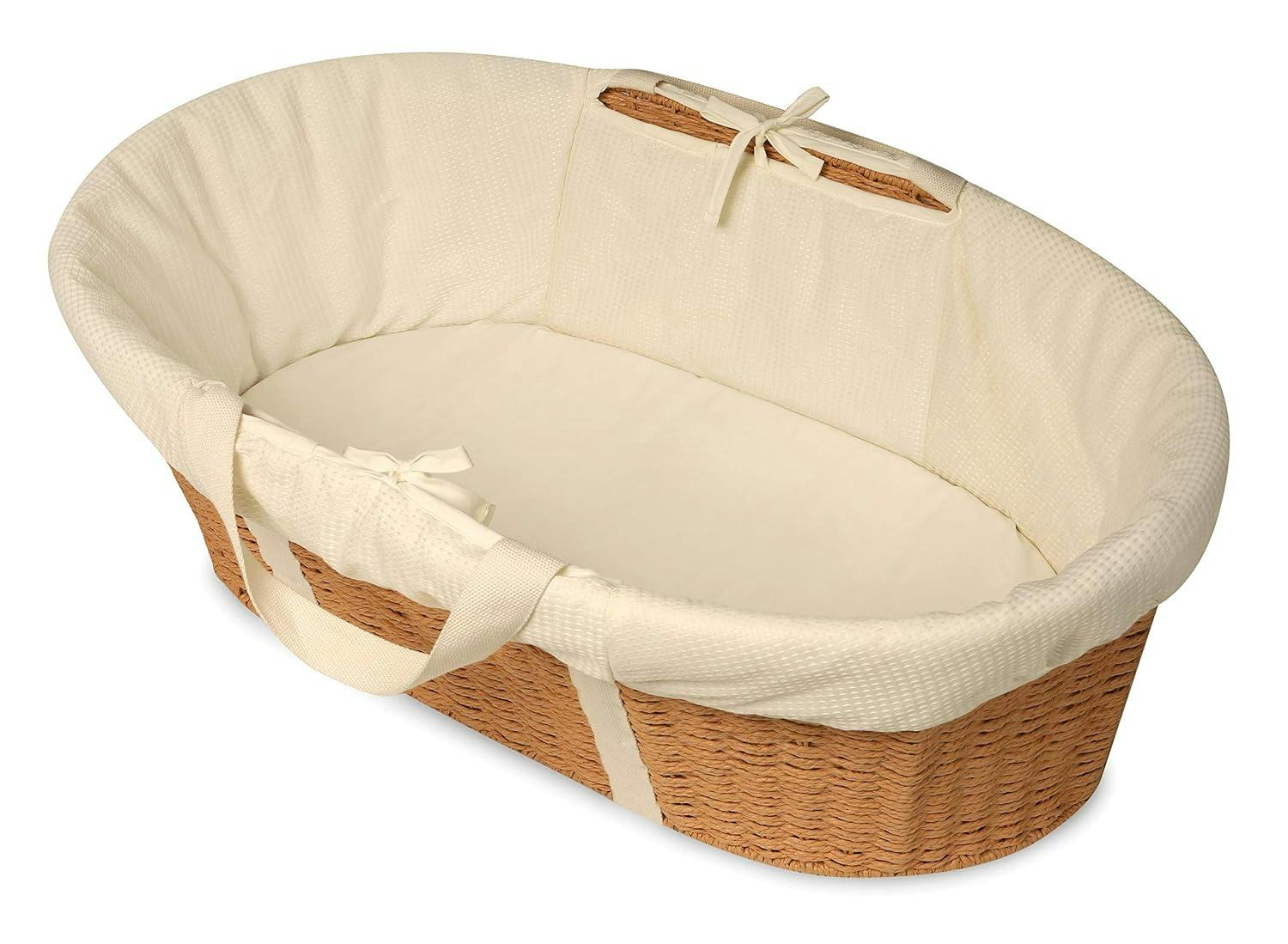 Elegant Natural Ecru Woven Moses Basket with Comfort Liner and Foam Pad