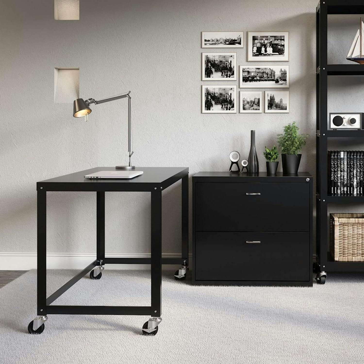 Modern Mobile 48" Black Steel Home Office Desk with Filing Cabinet