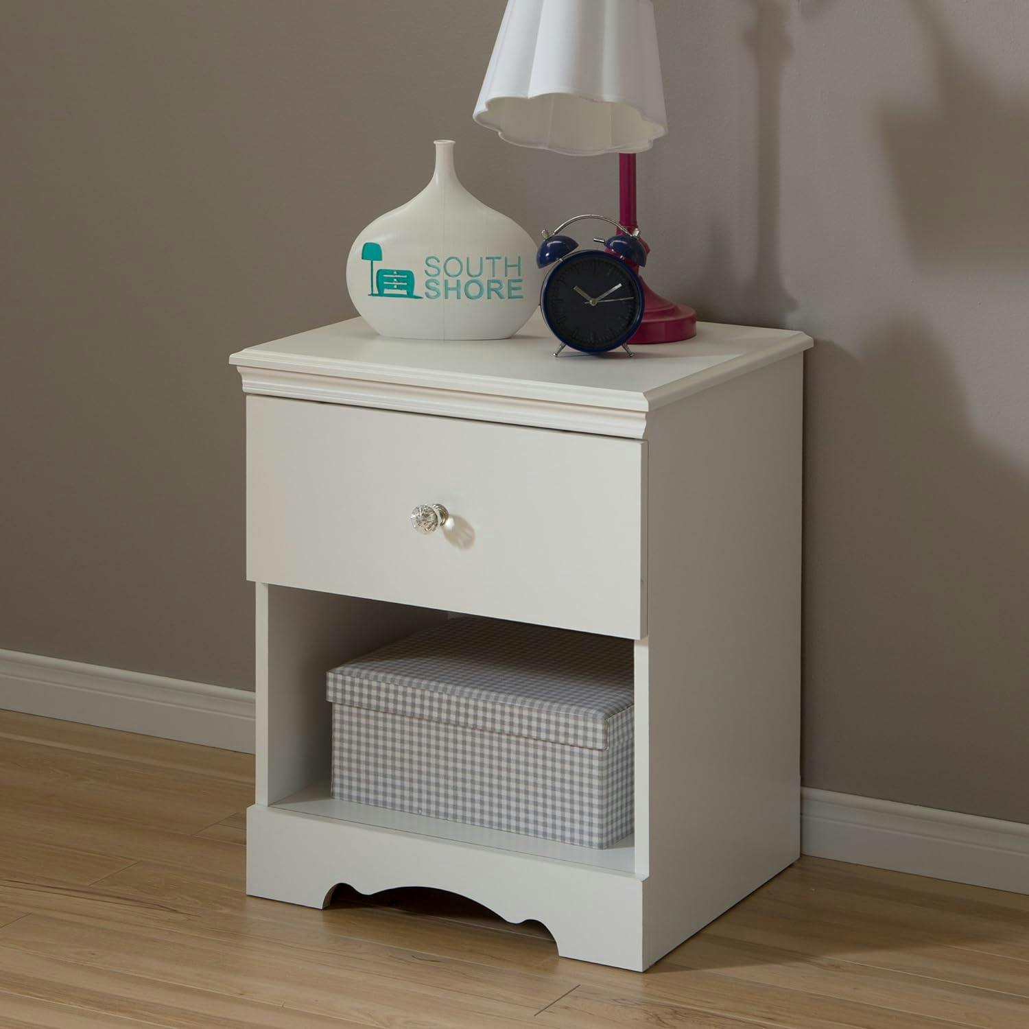 Graceful Pure White Nightstand with Crystal-Like Knob