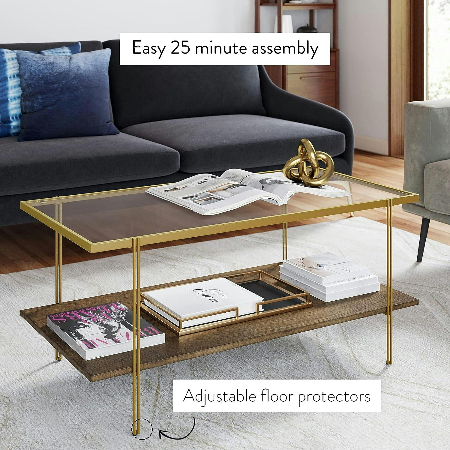 Asher Mid-Century Gold & Oak 43.9" Coffee Table with Glass Shelf