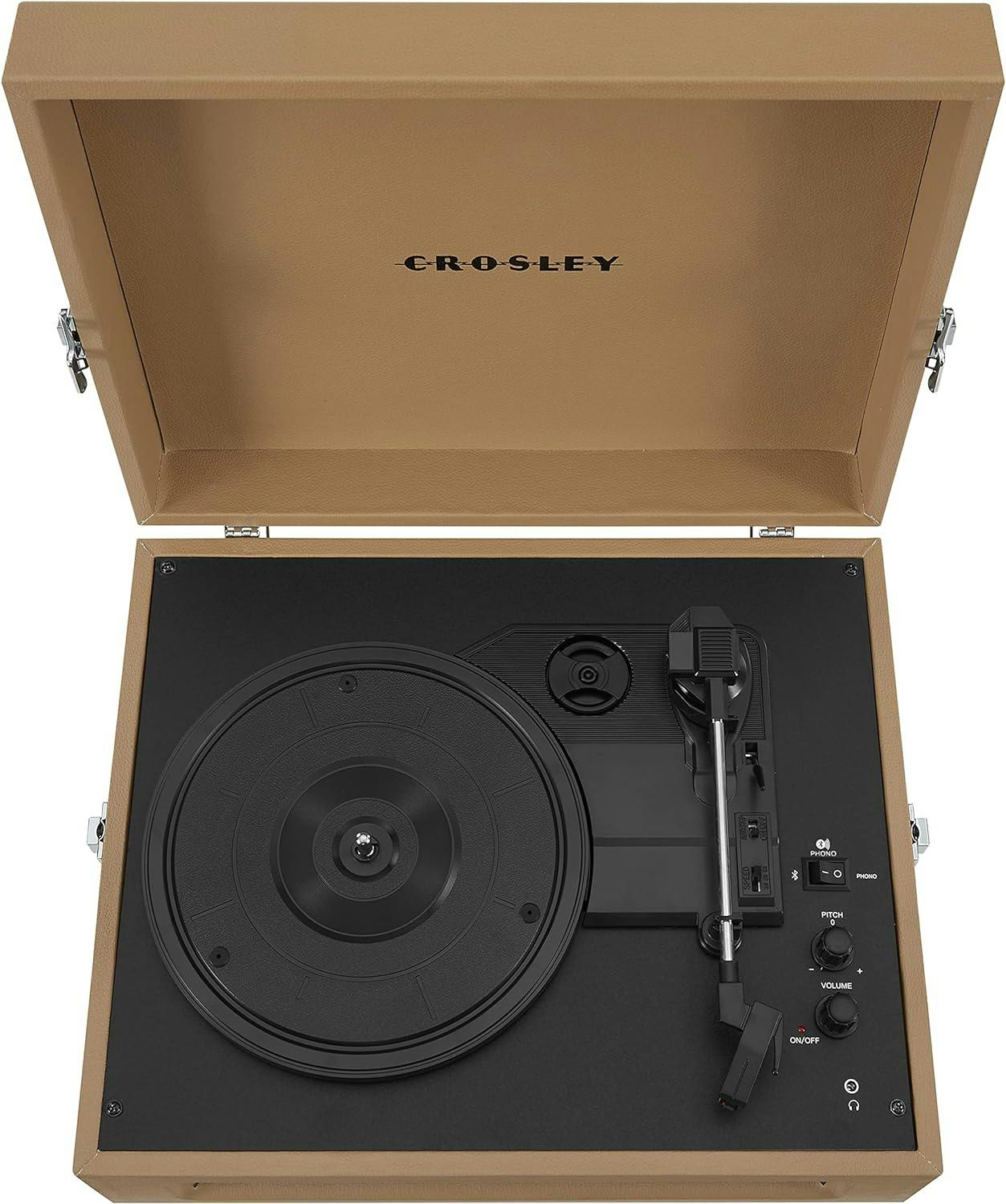 Voyager Vintage Tan Portable Turntable with Bluetooth & Built-in Speakers