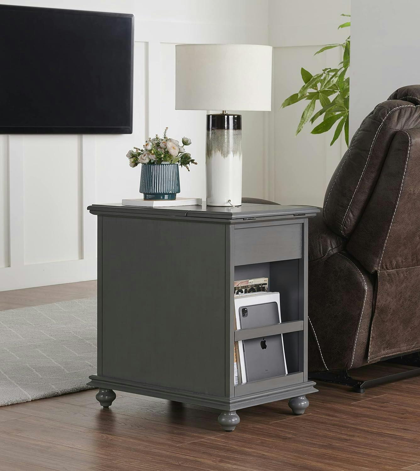 Sophisticated Gray Pine Chairside Table with Power Outlets