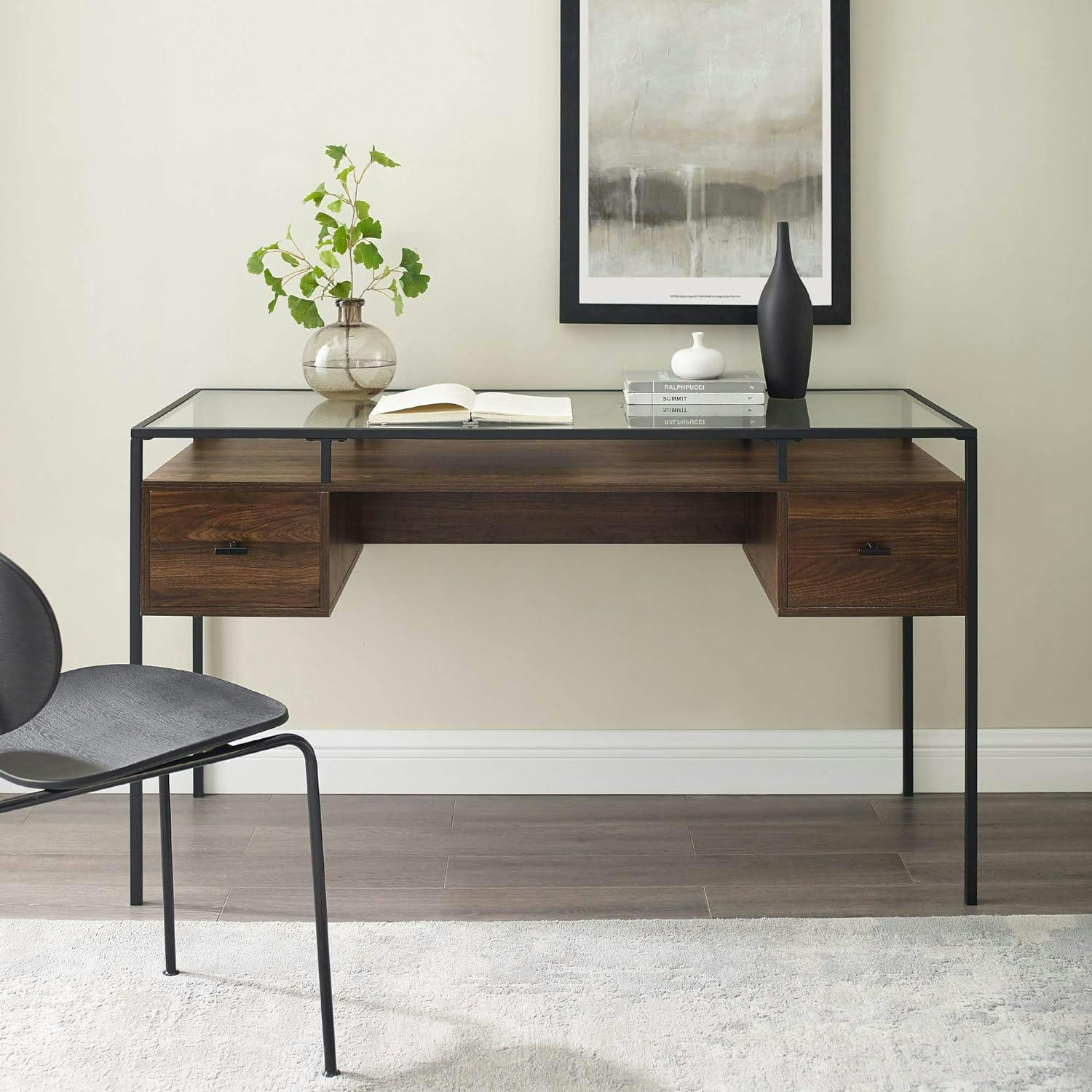 Modern Dark Walnut 56" Glass-Top Writing Desk with Drawers