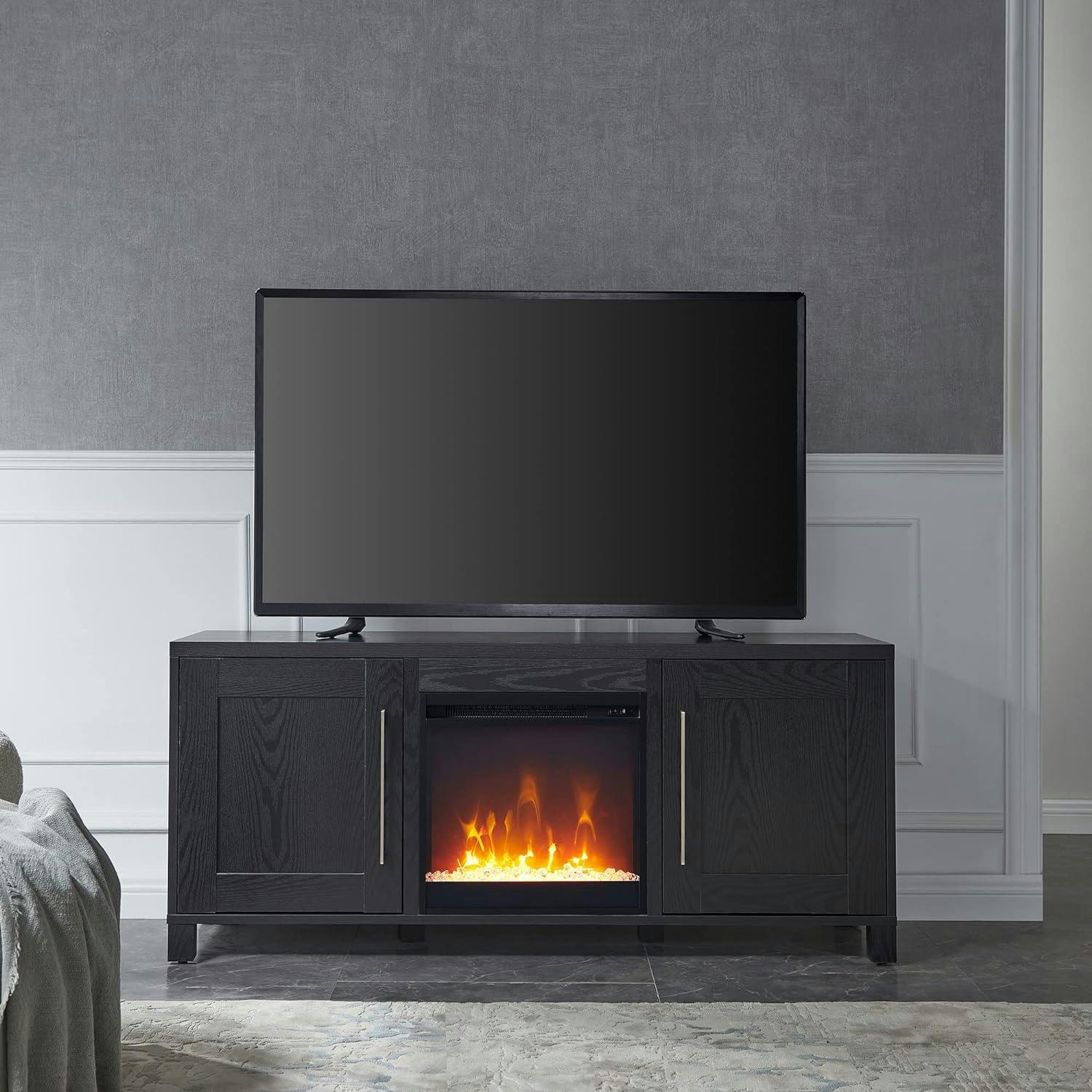Chabot 58" Black Grain TV Stand with Crystal Fireplace and Cabinet