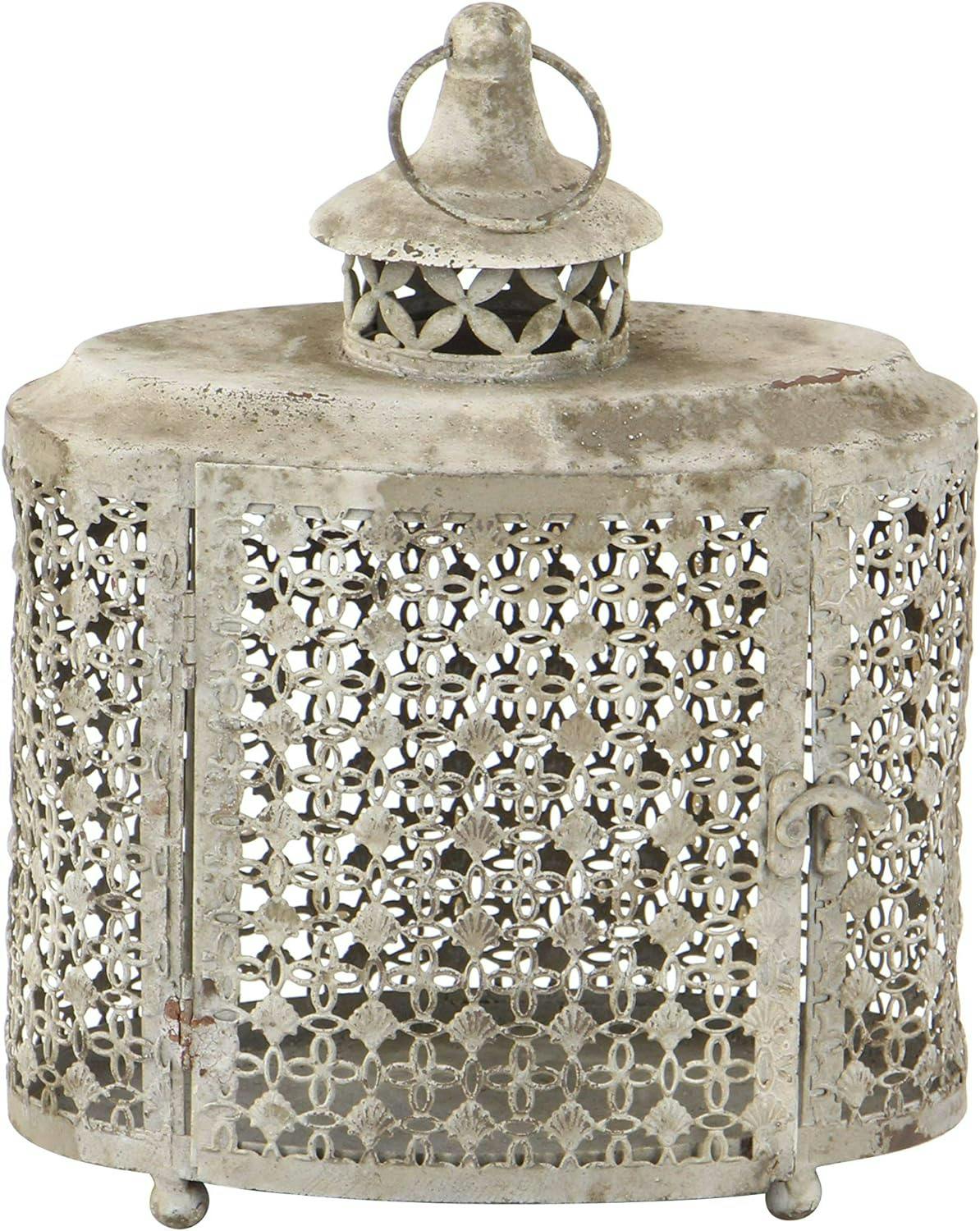 Rustic Beige Metal Candle Lantern Set with Intricate Scroll Work